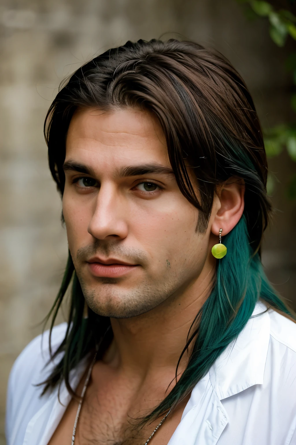 Hot bulky Canadian man in his 30s with sunburst skin, long brown-blue hair and green eyes with earings on one ear, mafia style, looks serious but actually soft, thick lips
More serious (like he will kill someone), big chest