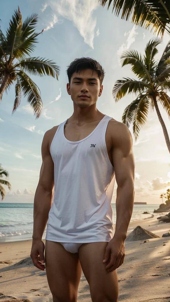 A young, muscular Asian man with short dark hair wearing a white tank top, standing in front of a tropical beach scene with palm trees and a sunset