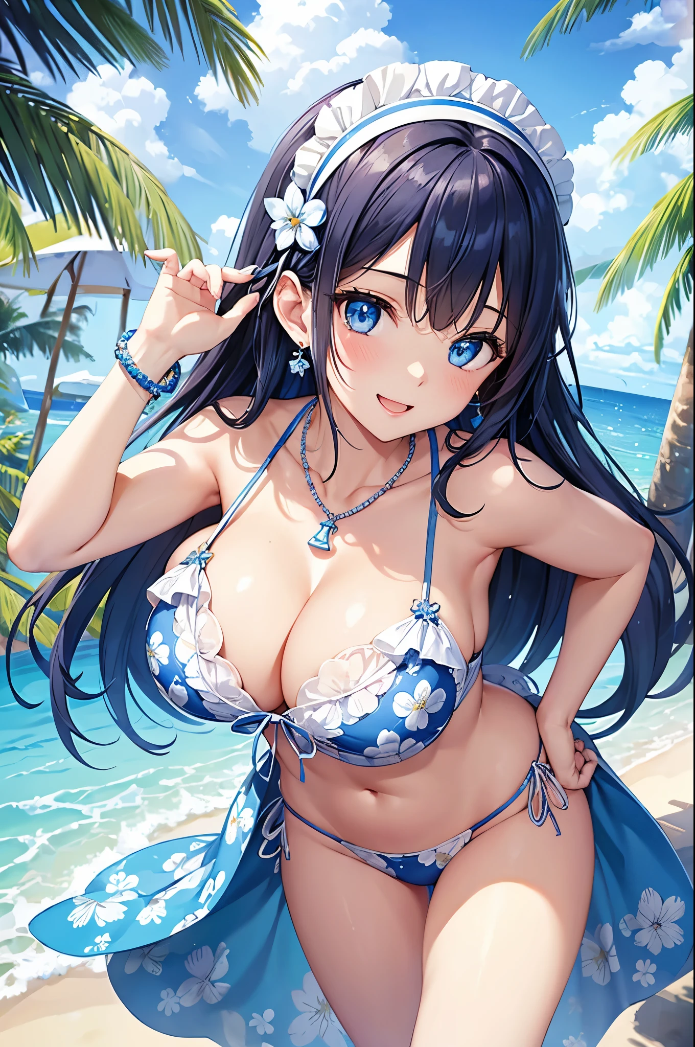 highest quality、highest quality、masterpiece、beautiful girl、Navy blue long hair、blue eyes、Sexy white bikini(Floral pattern printed)、Big cleavage、(Big Breasts),smile、blue necklace、Blue Earrings、background(Beach)、Please open your mouth wide、White headband、bracelet、A dynamic pose