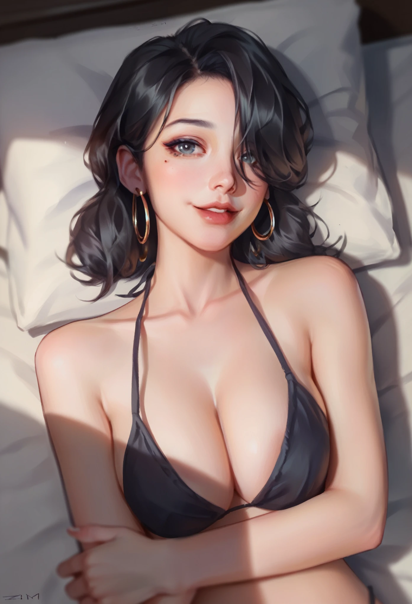 smudgy, traditional art, liu2,brush texturescore_9, score_8_up, score_7_up, score_6_up, score_5_up, score_4_up, ((low depth of field)), , (beautiful landscape), BREAK, laying in bed, cool color palette, 1girl, MILF, pale-skinned female, large breasts, grey eyes, black hair, straight hair, hair over one eye, hoop earrings, Bikini, looking at viewer, gentle smile, dramatic lighting, warm lighting.