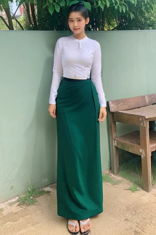 A school teacher is 30years old.Tall, thin, big hips, , black hair, small lips, brown eyes, attractive, K.Top=white Burmese blouse,With long sleeves,Buttoned at side.Bottom=(Dark green) long skirt.
Footwear=female Burmese sandals,The hair is knotted bun.