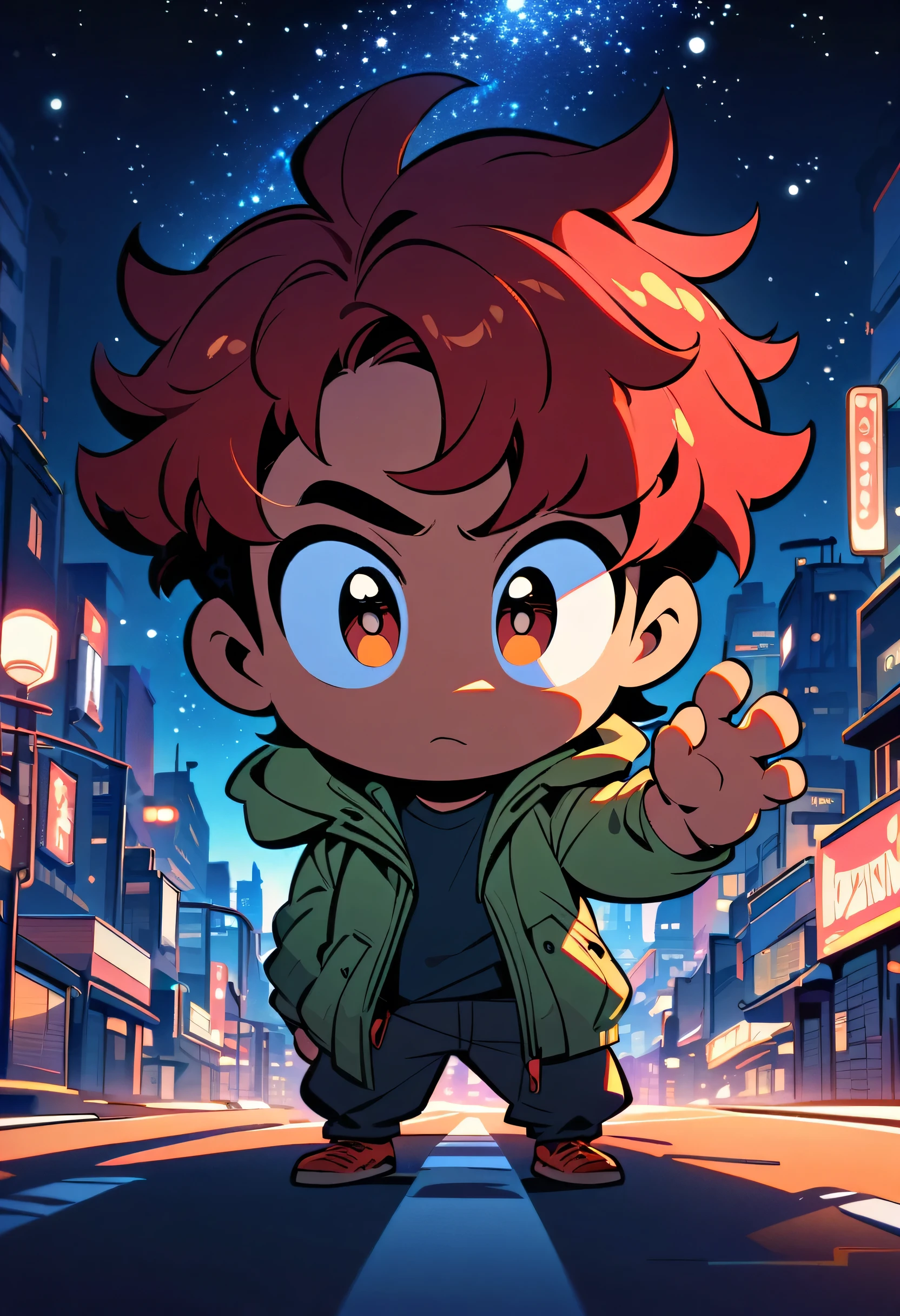 a man, handsome, robust, red hair, wearing a jacket, positioned on a road in a city at night, centered in the image, full body, soft urban lighting, starry sky in the background, cartoon art style, in a natural pose, best quality