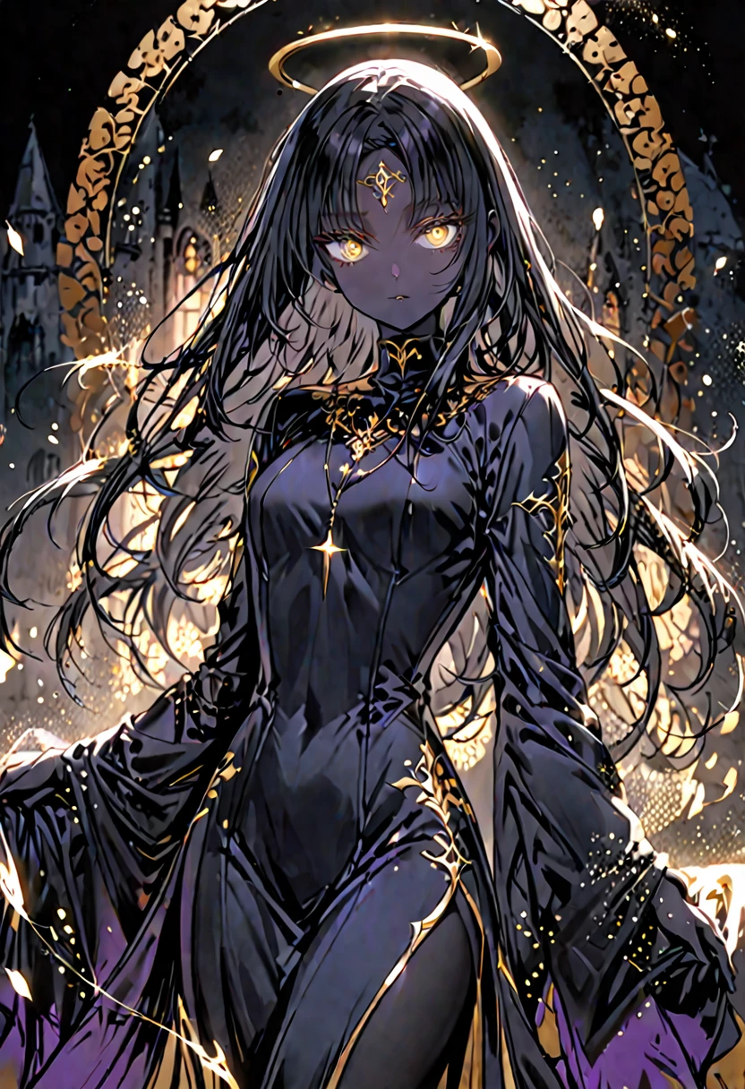 solo, female, medium shot, sfw, humanoid figure, slender, athletic build, 6 ft, dark obsidian black skin, smooth skin, extremely long silky black hair, straight and free-flowing hair, glowing gold eyes, large eyes, almond-shaped eyes, thick lashes, gold iris, thin and arched eyebrows, intelligent, flowing robe, form-fitting robe, midnight blue silk, modest clothes, feminine silhouette, silver pendant, quiet confidence, timeless beauty, timeless aesthetic, night, gold halo, medieval, magic, flowing sands of time aura