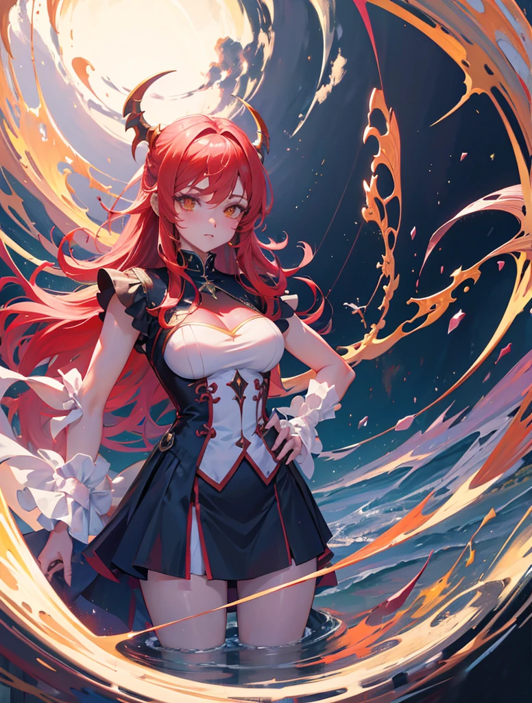 Chica anime con pelo rojo y cuernos en un estanque de agua., arte de anime digital detallado, arte de anime detallado, the chica Dragon portrait, chica Dragon, arte de anime detalladowork, estilo anime 4k, Also, arte de anime clave detallado, Obra oficial, anime fantasy illustration, clean arte de anime detallado, Arte detallado de alta calidad 8k, Lilith, high detailed Obra oficial