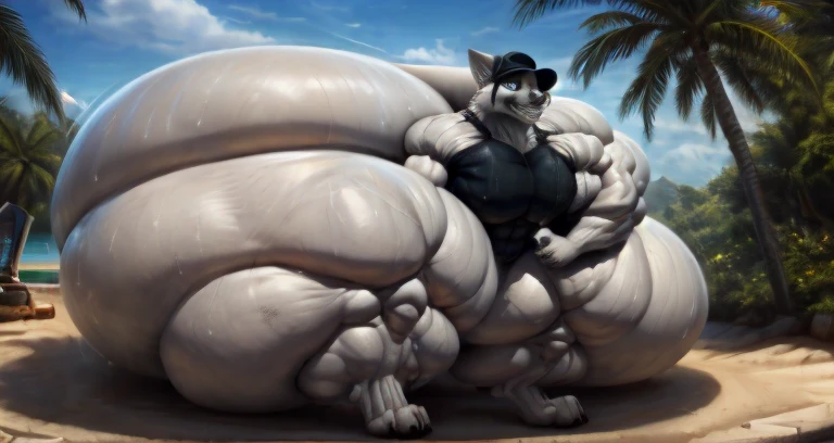 4k, high resolution, best quality, perfect lightning, perfect, solo, anthro, young, boy,white wolf:2.0, furry body, (fluffy mane:1.2), fluffy tail, male, adult, (bulky2:0, thick muscles2:0, huge muscles:2.0, hyper muscles:2.0), (thick biceps, veiny biceps, broad shoulders:2.0), (thick legs, thick calves:1.1), (digitigrade legs, 4 toes:1.2), perfect colors, (photorealistic fur, detailed fur, epic, masterpiece), (suggestive posing:1.2), (seductive smile, lustful grin 1.3), detailed beach,detailed wolf eyes:2.0, by k0suna, by darkgem,nipple ring,hyper arms:2.0,veins,white body,white fur,hyper butt:2.0,hyper paws:2.0,standing,thick legs,thick butts:2.0,sweat body:2.0,massive butt:2.0,black hat,hyper ass:2.0,huge ass,long legs,juicy butt:2.0,butt like a mountain