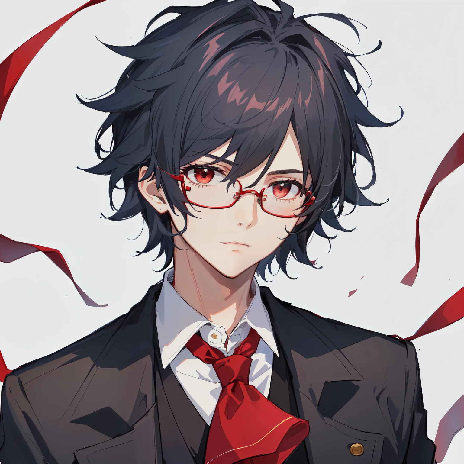 1boy, anime, unkempt_short_wavy_hair, black_hair, navy_blue_long_coat, red_waistcoat, black_ascot_tie, red_eyes, white_background, black_glasses, looking_at_viewer