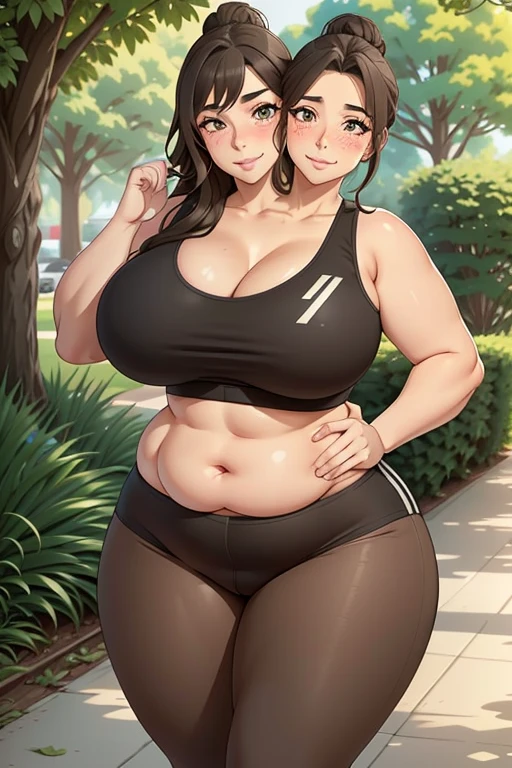 2heads, tall chubby woman with 2 heads. Massive breasts. Mother. Freckles. Outside on park trail. Wearing sports bra, wearing leggings. Straight long brown hair in a bun. Blushing. Happy, smiling. Thick eyeliner. Gorgeous thin mature face. Seductive. Huge thighs. Wife. Blushing. Breathing heavily. 