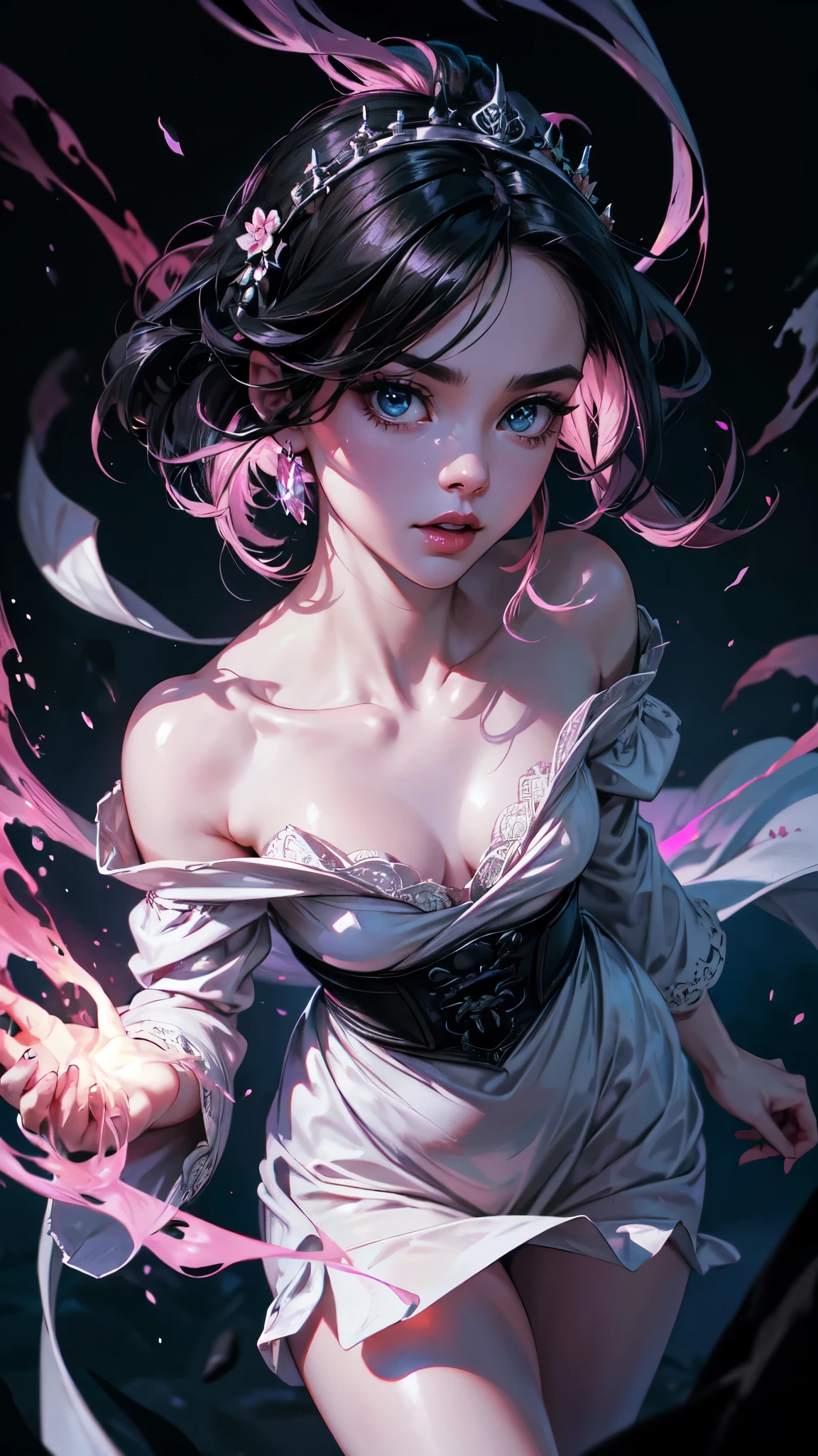 official art, unity 8k wallpaper, ultra detailed, beautiful and aesthetic, beautiful, masterpiece, best quality, Dark, atmospheric, mystery, romanticism, macabre, literature, art, fashion, Victorian, ornamental, intricate, ironwork, lace, brooding, emotional depth, supernatural, (ultra Detailed scene) , (masterpiece) , pretty girl , white thin robe , thick leg , shaped body , shaped face , Both_of_eyes_are_same , blue eyes , full body close up , putting hand like pray while standing , dark pink lips , shaped nose and ears , black straight hair , silver crown , wind blowing through the hair, thousand pink blossom twirling her like storm , ruined pray stone with rune and symble on it , has old rune as black tattoo on her neck to arm , mist under her feet , 100 mini light balls around her , (high detailed face), (ultra pretty face) , black eyebrow , long white robe , dark scene , dark fantasy art style , magic , magic ball in her hand , pink glowing aura around her , pinkish scene ,(ultra detailed face),(ultra detailed magic shape) , (ultra detailed blossom),detailed face, detailed eyes, detailed skin