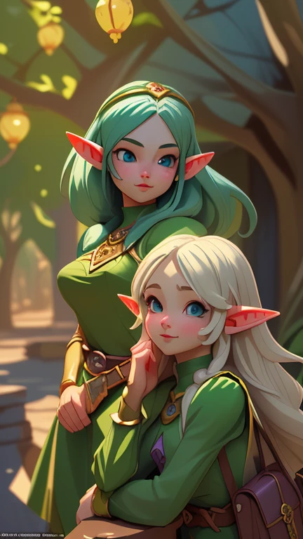 (masterpiece, highest quality:1.1), (Two Elf Girls),Cute Face,Have a nice trip, Beautiful and detailed scenery, Beautiful lighting,very happy,Dynamic pose,Portrait Photography, sharp,Game Style,Dragon Quest