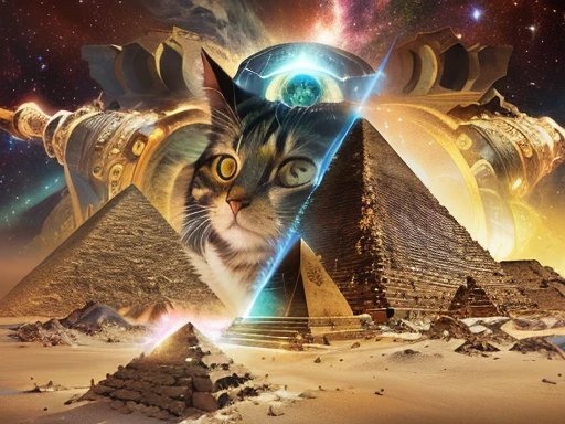 there is a picture of a cat that is in front of a pyramid, ancient alien portal, pyramid portal, ancient megastructure pyramid, the eye of god rah, the annunaki making humans, mythical cosmic shrine, dmt ego death, spirits coming out of portal, ancient mystic time lord, digital visionary art, astral travel, ancient alien tools and houses