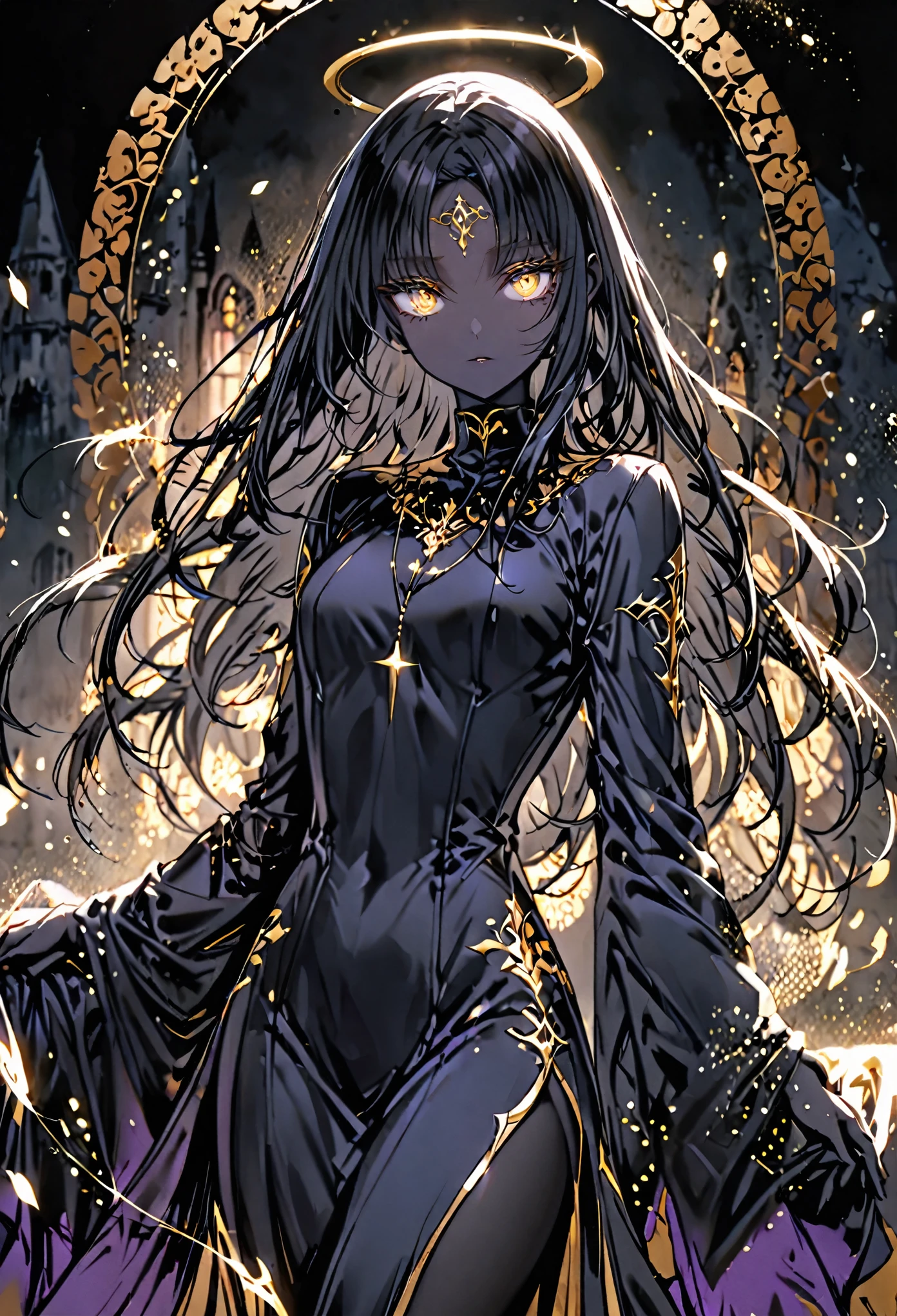 solo, female, medium shot, sfw, humanoid figure, slender, athletic build, 6 ft, dark obsidian black skin, smooth skin, extremely long silky black hair, straight and free-flowing hair, glowing gold eyes, large eyes, almond-shaped eyes, thick lashes, gold iris, thin and arched eyebrows, intelligent, flowing robe, form-fitting robe, midnight blue silk, modest clothes, feminine silhouette, silver pendant, quiet confidence, timeless beauty, timeless aesthetic, night, gold halo, medieval, magic, flowing sands of time aura 