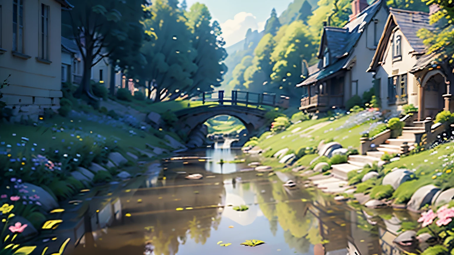 (8K, HD), A town, Lots of grass, nature, Beautiful town landscape, Perfect reflection, calm life, Dazzling sun, Flowers in bloom, Park Avenue, Festive atmosphere, Peaceful atmosphere, cute building, movie lighting, Depth of Field, Ray tracing, reflected light, (masterpiece:1.2), (best quality)