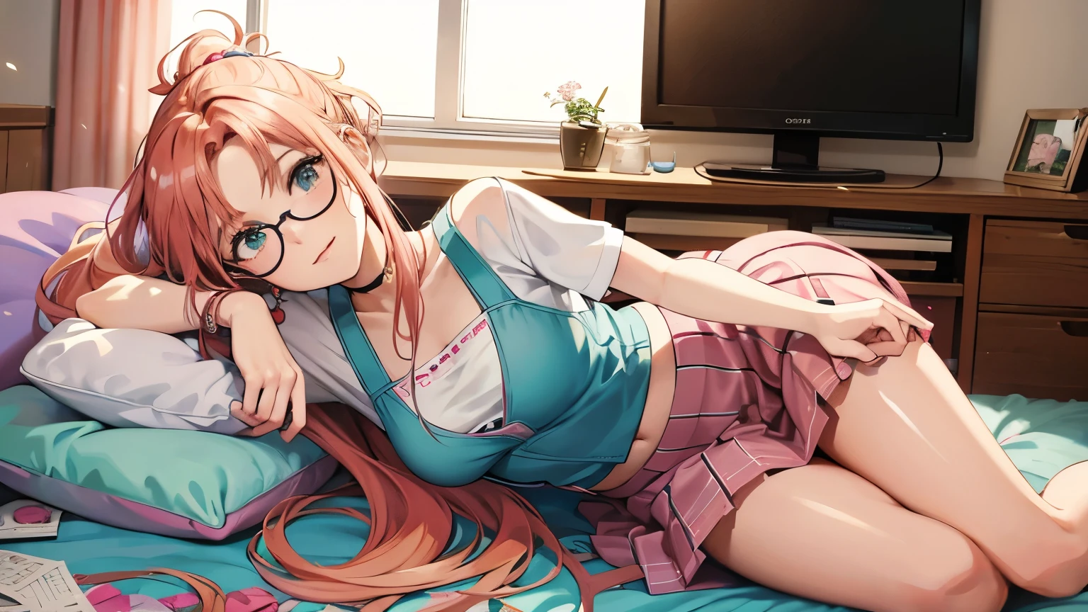 Create an adorable anime-style illustration of a age girl with pink hair, wearing a stylish with a mini skirt. She has a playful ponytail and a sweet smile as she confidently . With stylish glasses adding to her charm, she radiates a cute and endearing vibe, perfect for an anime-style illustration.An illustration of a girl playing a PlayStation video game in a retro-style room. The girl is wearing casual 90s-style clothing and is happily engrossed in the game. In the background, there's an old CRT television displaying a classic PlayStation game. On top of the TV, there are some game discs and cases scattered around. The room's interior features wooden furniture, vintage posters, and other nostalgic items from the 90s. Soft evening sunlight is streaming through the window, casting a warm, nostalgic glow over the entire scene.