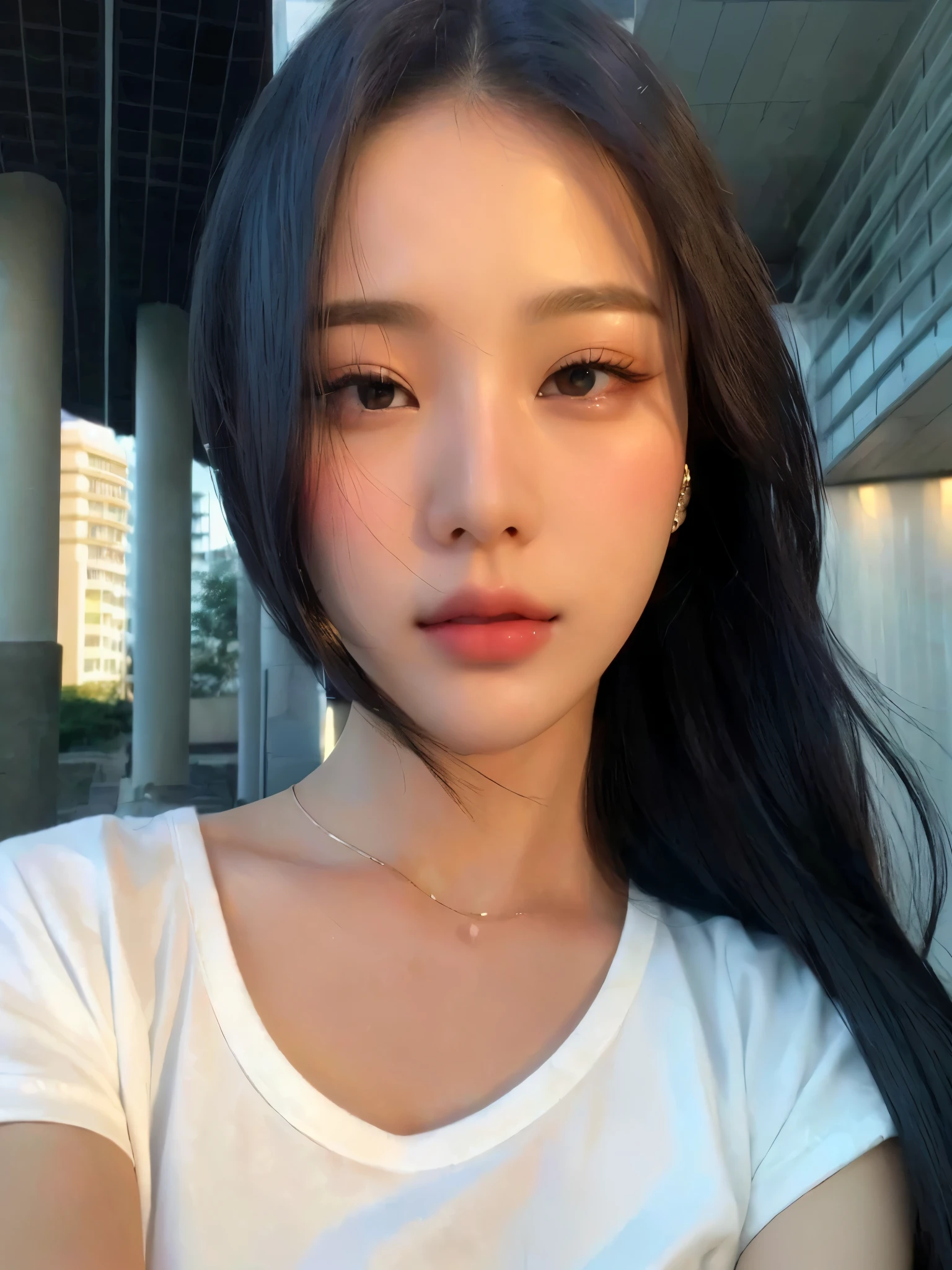 um close de uma mulher com longos cabelos pretos e uma camisa branca, coreana, beautiful south mulher coreana, gorgeous young mulher coreana, young lovely korean face, adorable and pale korean face, beautiful young mulher coreana, Korean facial features, mulher coreana, korean symmetrical face, young pale and beautiful asian face, Ulzzang, Beautiful aesthetic face, beautiful asian girl