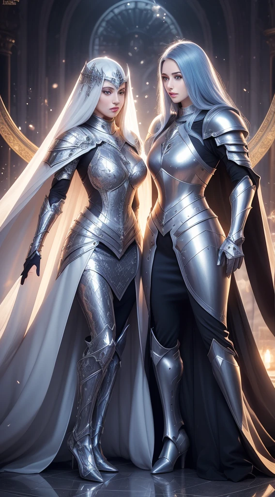 Masterpiece, beautiful detailed realistic definition, ((two female knight Standing in front of each other, face-to-face)), Two knights clashing with each other, Fighter female, Warrior female, Mecha, full auras, silver aura, cover with aura, (arrogant), (random hair colored, shiny hair, gradient hair), armor hair ornament, beautiful details eyes, (aquamarine eyes, glowing eyes), long eyelashes, mascara, eyeliner, (full body dress armor, elegant, long skirt), crystals armor, cape, glowing and shining armour, Edge lights, hourglass body, beautiful detailed realistic definition, expressive eyes, perfect detailed beautiful determinate face, professional, Extremely aesthetic, Extremely detailed realistic clothing, blue lights that shimmer, (glowing and shining armor), floating particles, white and silver color schemes, Knight war as background, Enemies knight surround her, Knight War, calm atmosphere, ground covered in slabs, royal black metal armor, dark souls style, dark fantasy, dark age atmosphere, cloudy day, art station contest winner, perfect reflection