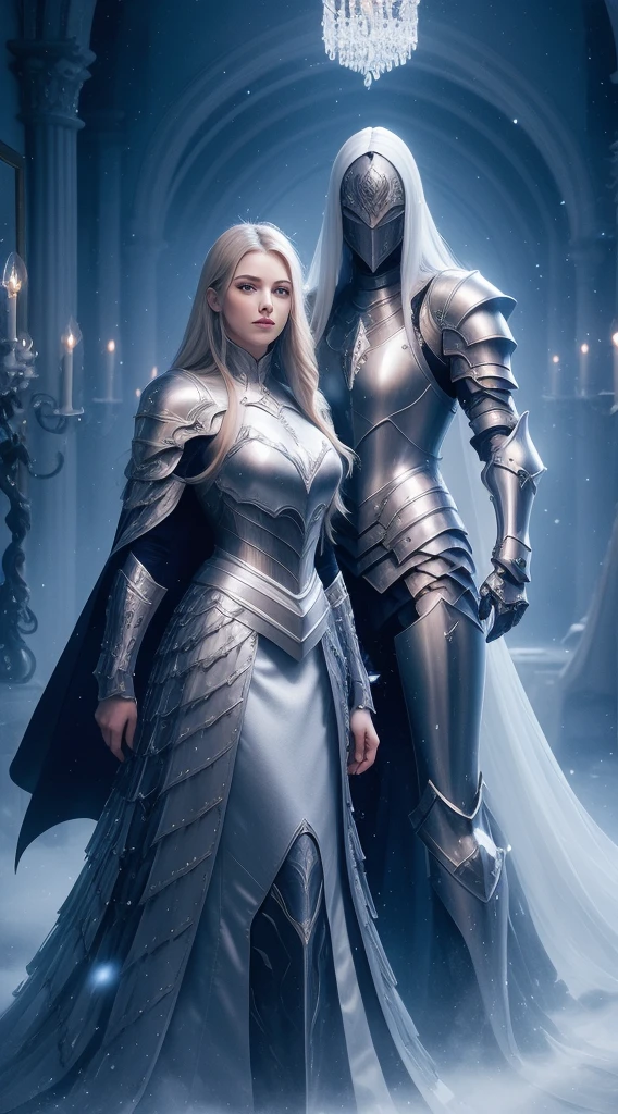 Masterpiece, beautiful detailed realistic definition, ((two female knight Standing in front of each other, face-to-face)), Two knights clashing with each other, Fighter female, Warrior female, Mecha, full auras, silver aura, cover with aura, (arrogant), (random hair colored, shiny hair, gradient hair), armor hair ornament, beautiful details eyes, (aquamarine eyes, glowing eyes), long eyelashes, mascara, eyeliner, (full body dress armor, elegant, long skirt), crystals armor, cape, glowing and shining armour, Edge lights, hourglass body, beautiful detailed realistic definition, expressive eyes, perfect detailed beautiful determinate face, professional, Extremely aesthetic, Extremely detailed realistic clothing, blue lights that shimmer, (glowing and shining armor), floating particles, white and silver color schemes, Knight war as background, Enemies knight surround her, Knight War, calm atmosphere, ground covered in slabs, royal black metal armor, dark souls style, dark fantasy, dark age atmosphere, cloudy day, art station contest winner, perfect reflection
