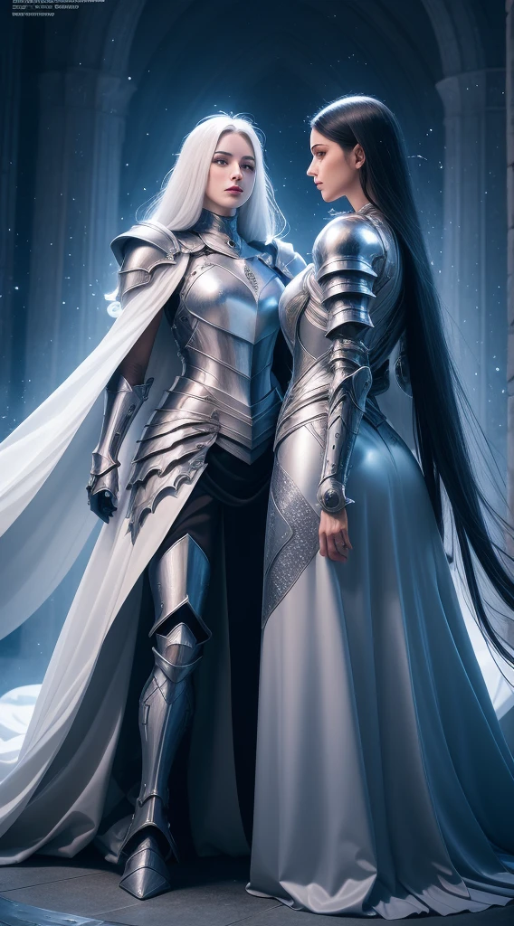 Masterpiece, beautiful detailed realistic definition, ((two female knight Standing in front of each other, face-to-face)), Two knights clashing with each other, Fighter female, Warrior female, Mecha, full auras, silver aura, cover with aura, (arrogant), (random hair colored, shiny hair, gradient hair), armor hair ornament, beautiful details eyes, (aquamarine eyes, glowing eyes), long eyelashes, mascara, eyeliner, (full body dress armor, elegant, long skirt), crystals armor, cape, glowing and shining armour, Edge lights, hourglass body, beautiful detailed realistic definition, expressive eyes, perfect detailed beautiful determinate face, professional, Extremely aesthetic, Extremely detailed realistic clothing, blue lights that shimmer, (glowing and shining armor), floating particles, white and silver color schemes, Knight war as background, Enemies knight surround her, Knight War, calm atmosphere, ground covered in slabs, royal black metal armor, dark souls style, dark fantasy, dark age atmosphere, cloudy day, art station contest winner, perfect reflection