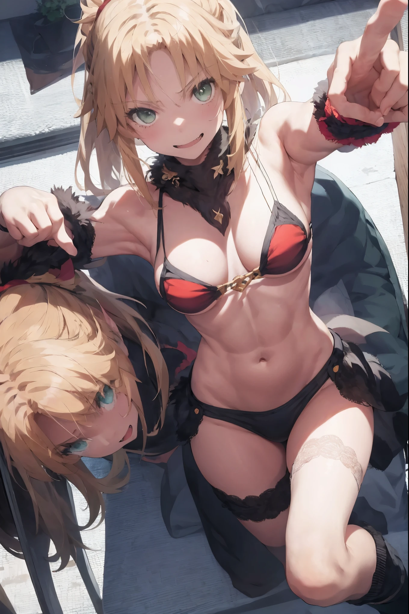 Masterpiece, Best Quality, illustration, city, 1girl, Mordred \(fate\), collarbone, Detailed blond hair ponytail braid, green eyes,,navel,thigh-high, covered_pussy,flat_chest,long_sworddangerousbeast,elbow_gloves,
,wolf_tail,wolf_ears,fang,happy,nihil,smile,spread_legs,claw_pose,armpits,open_mouth,angry,squat,bikini_bottoms,rise_hands,Highquality_hads,perfect_fingers,oil