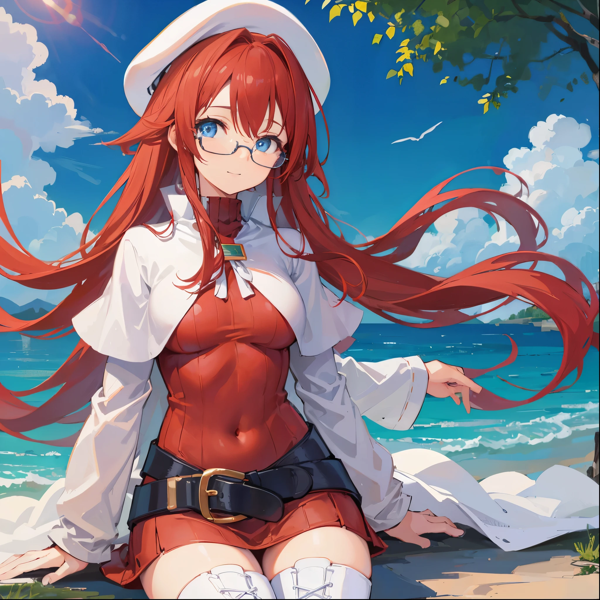 summonnightaty, aty, (young:1.3),long hair, blue eyes, red hair, big_tits, hat, glasses,
BREAK long hair, thighhighs, hat, dress, naked_legs, glasses, belt, cape, sweater, zettai ryouiki, beret, thigh boots, white footwear, ribbed sweater, loose belt,solo,
BREAK outdoors, fantasy,on_beach,
,Highquality_hads,perfect_fingers,
BREAK (masterpiece:1.2), best quality, high resolution, unity 8k wallpaper, (illustration:0.8), (beautiful detailed eyes:1.6), extremely detailed face, perfect lighting, extremely detailed CG, (perfect hands, perfect anatomy),covered_nipples,covered_navel ,half_eyes,long_sword,sleepy,standing,red_sweater,apart_knees,magical_effect,spread_legs, have_a_book,teacher,rise_knee,Smile,rise_hand,look_down_viewer,spread_arms,sea_waves,looking_into,blue_sky,sitting,plump,