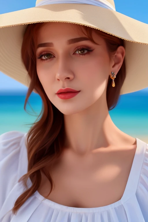 a close-up of a woman wearing a hat and a white shirt, alena aemani arte digital, retrato colorido, inspirado em Ayshia Taşkın, aenami alena, artgasmo, realistic woman oil painting, Beautiful acrylic fluid portrait, digital oil painting with airbrush, imagem de arte digital, Alina Ivanchenko, por Galen Dara