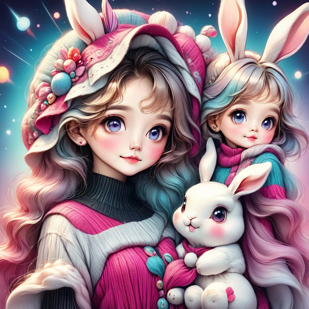 (general plano:1.3),una mujer vestida con un disfraz de conejo esponjoso con grandes orejas de conejo, tiro de cuerpo completo, gran angular, cute and childlike expression, retrato profesional, 8K hiper detallado, high resolution, rasgos faciales detallados, ropa detallada, soft lighting, caprichoso, Fancy, colores pasteles, adorable, 8k,HD.