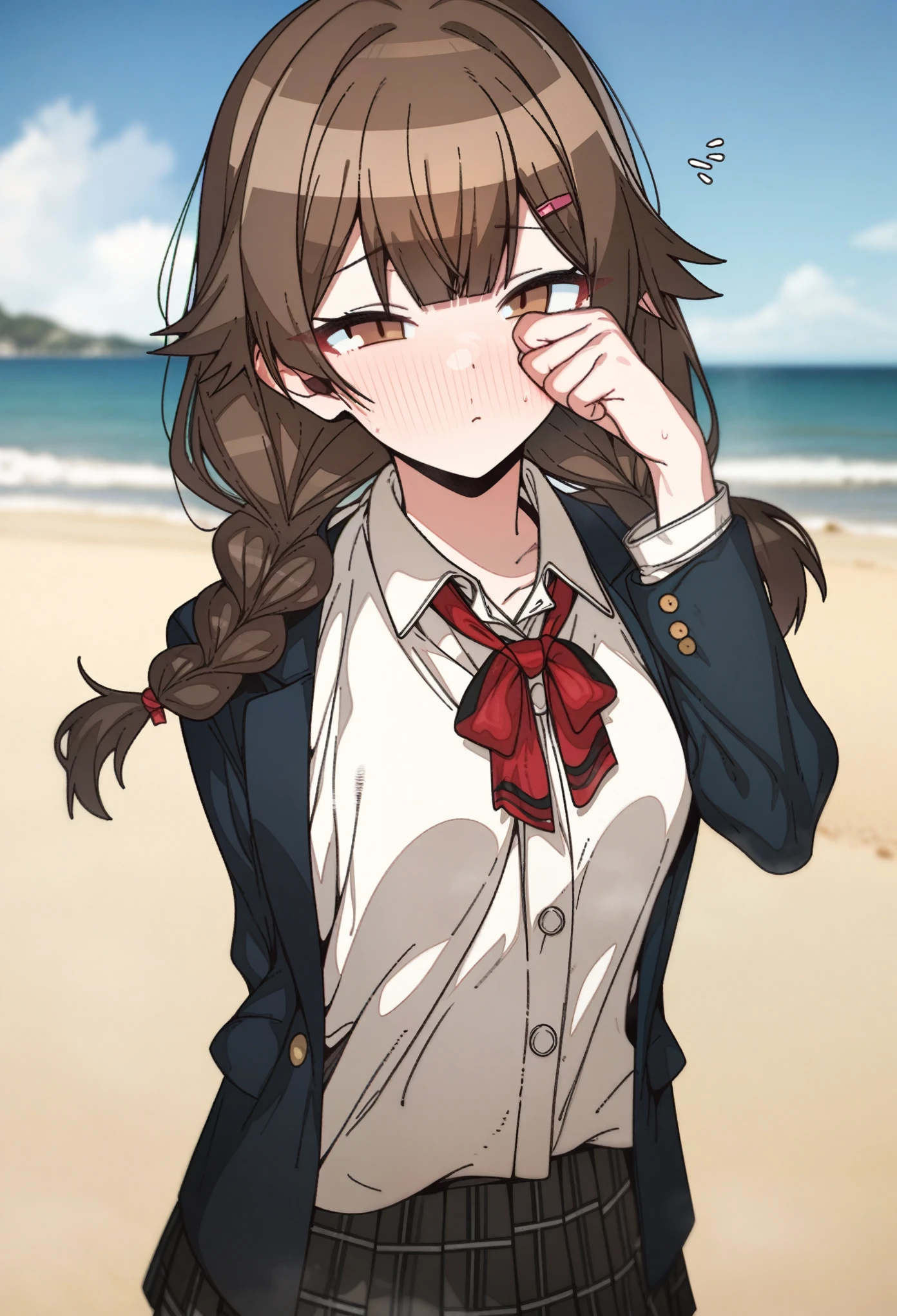 hoshino_(blue_archive) with brown hair and brown eyes, Artist, erere, Copyrights, idolmaster, idolmaster_shiny_colors, Character, General, 1girl, brown_hair, blunt_bangs, blush, ??????????????, ???????, detailed eyelashes, beatiful girl:1, brown_eyes, censored, school_uniform, pleated skirt, blazer, hair_clip, twin_braids, rubbing_eyes, sleepy, red tie, (medium shot photography) (standing in middle, beach), sky:0.7, half-closed_eyes, detailed, sand, outdoors, looking_at_viewer, masterpiece, best_quality, great_quality, girl, solo, center_composition, centered character, cute

