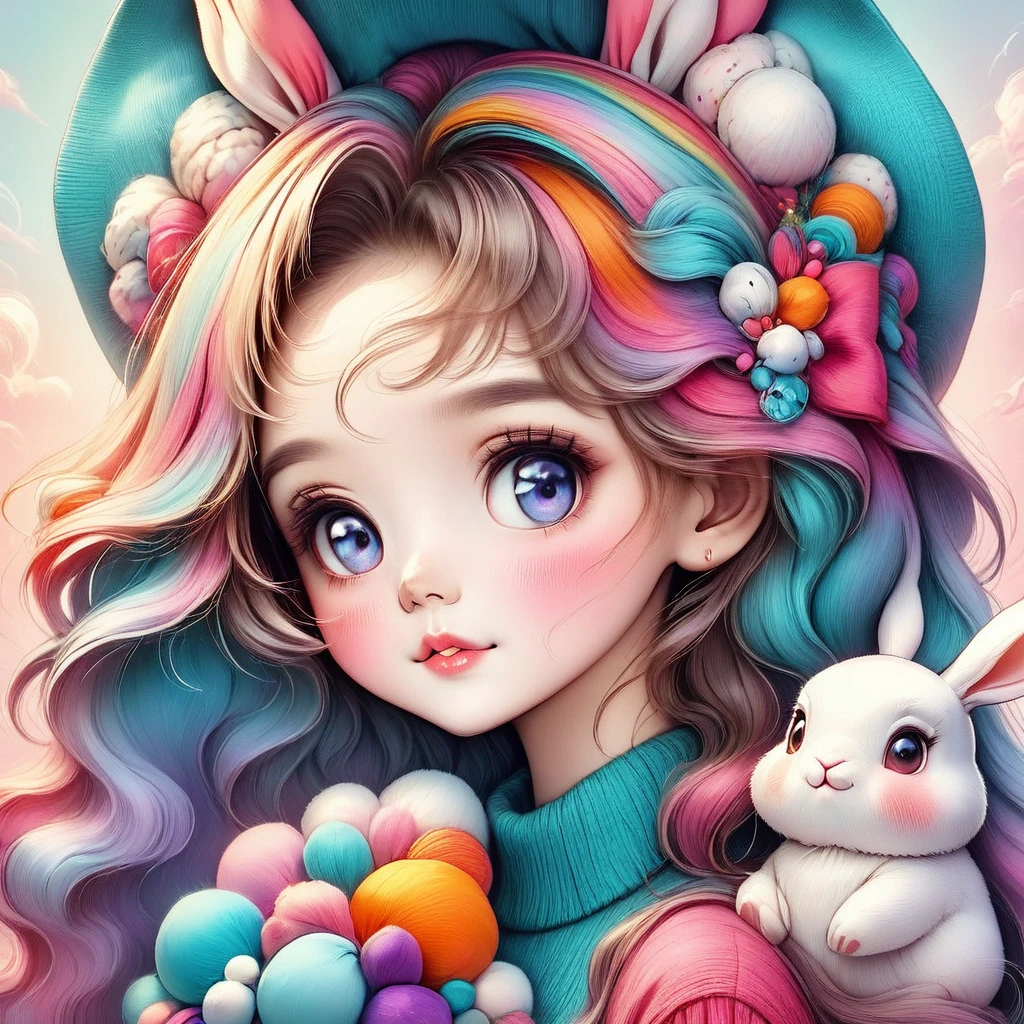 (de perfil plano:1.3),una mujer vestida con un disfraz de conejo esponjoso con grandes orejas de conejo, tiro de cuerpo completo, gran angular, cute and childlike expression, retrato profesional, 8K hiper detallado, high resolution, rasgos faciales detallados, ropa detallada, soft lighting, caprichoso, Fancy, colores pasteles, adorable, 8k,HD.