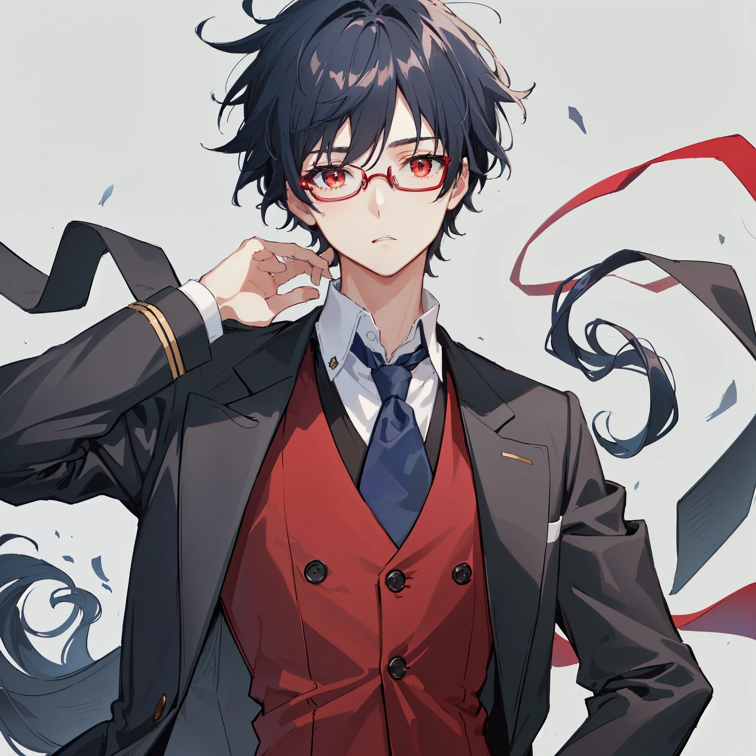 1boy, anime, unkempt_short_wavy_hair, black_hair, navy_blue_long_coat, red_waistcoat, black_ascot_tie, red_eyes, white_background, black_glasses, looking_at_viewer
