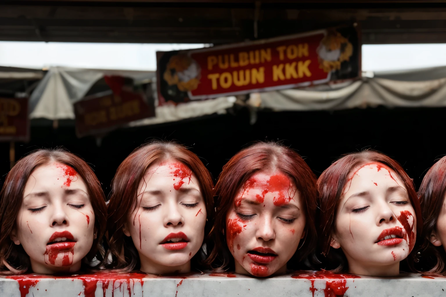 Several decapitated heads of beautiful women, on a table, in a public market, full of blood, blood flowing, ((eyes closed)), bleeding, photorealistic, 4K, Nikon, horror, public market