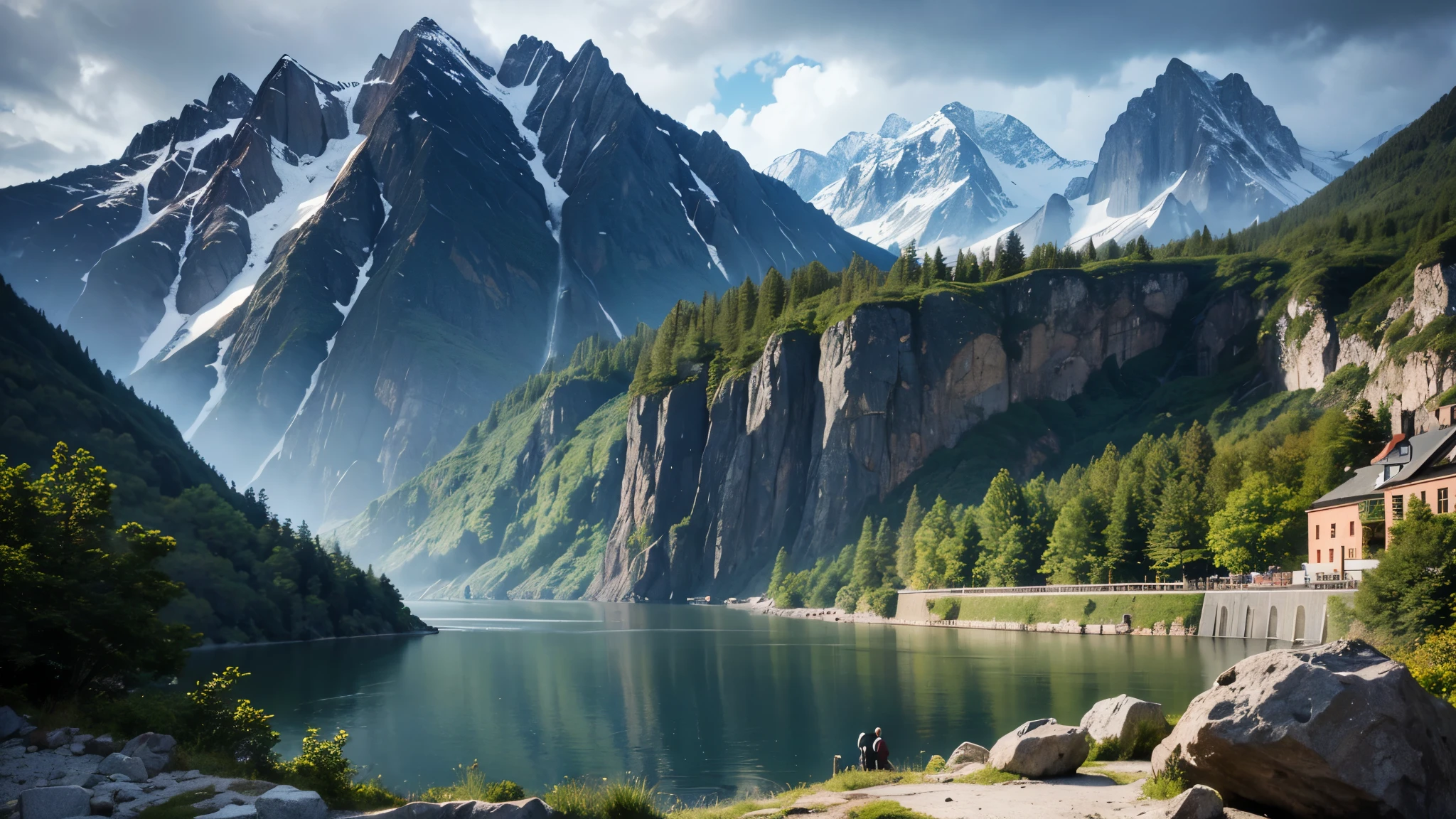 A dam behind a Big Mountain, There is a town under the mountain, fantasy world, beauty, On the Dam, many fishermen, Rainy, Black Clouds, 4k, hd, No fail, Fantasy Word