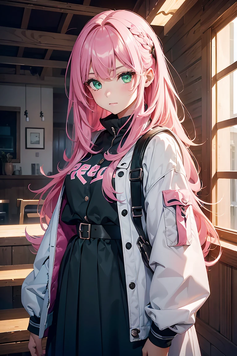 ((1 girl)), Latest Trends in Clothing, Cowboy Shot,((Very detailed,highest quality, High resolution, 8k wallpaper, Beautiful clothes,)),((Pink Hair, Long Hair,Straight hair,Both sides up)) ,(Green Eyes),eye shadow, eyeliner,Glow Eye, Very detailedな目, Complex eyes, Beautiful Eyes, ((輝くGreen Eyes)),18-year-old girl, Peek into