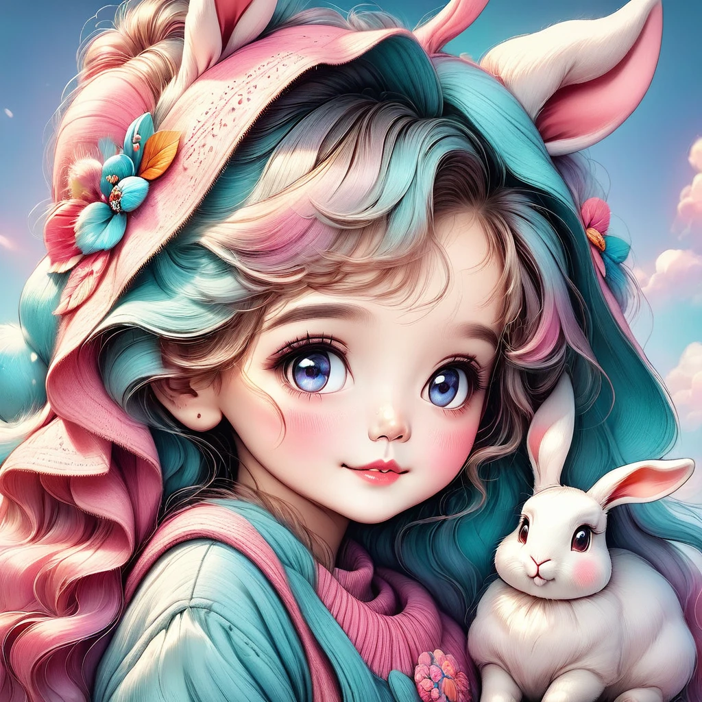 (primer plano:1.3),una mujer vestida con un disfraz de conejo esponjoso con grandes orejas de conejo, tiro de cuerpo completo, gran angular, cute and childlike expression, retrato profesional, 8K hiper detallado, high resolution, rasgos faciales detallados, ropa detallada, soft lighting, caprichoso, Fancy, colores pasteles, adorable, 8k,HD.