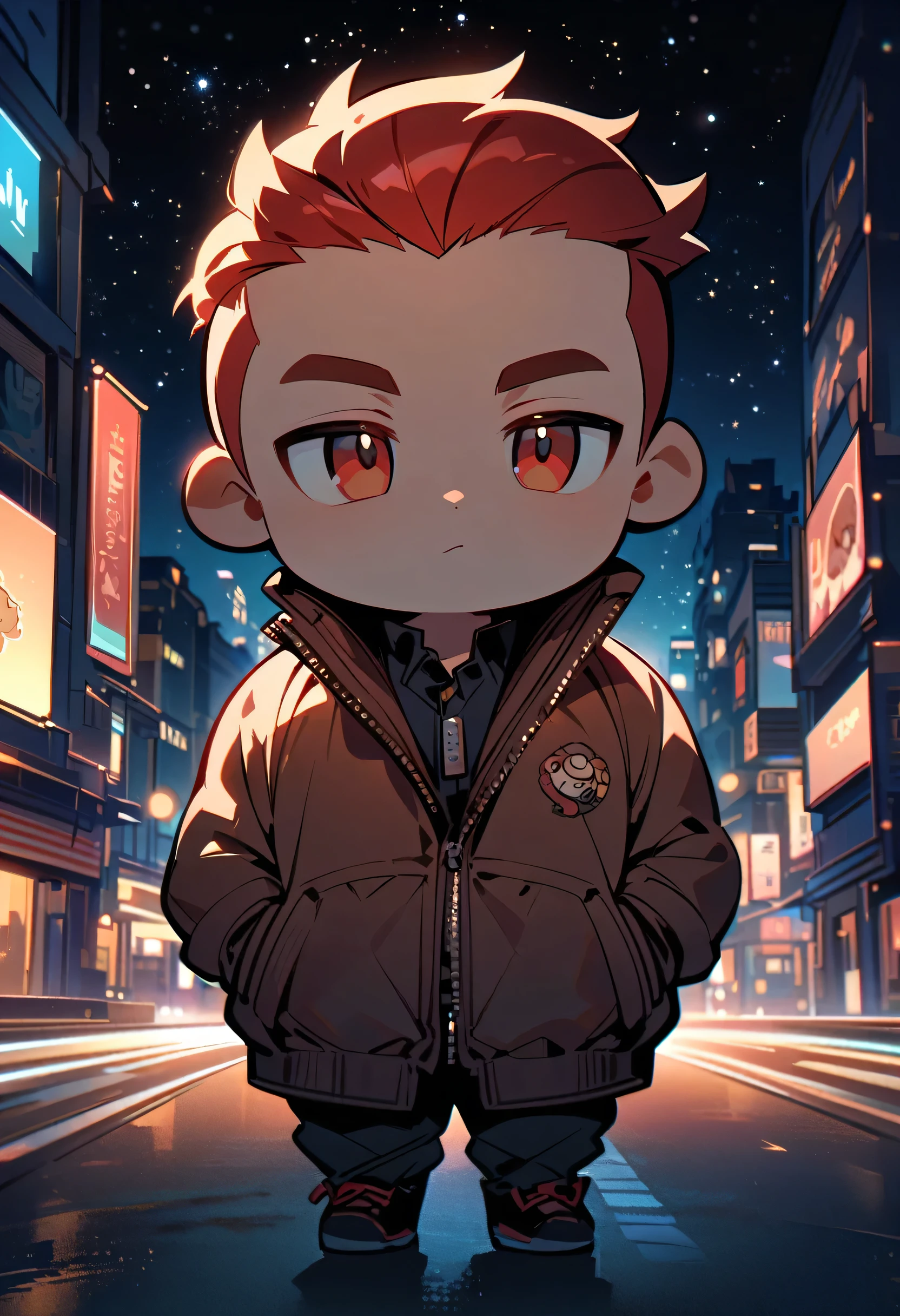 a man, handsome, robust, red hair, big head, cute, wearing a jacket, positioned on a road in a city at night, centered in the image, full body, soft urban lighting, starry sky in the background, chibi art style, in a natural pose, best quality