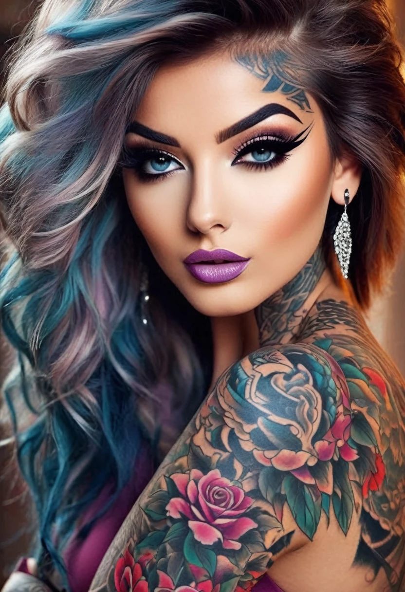 Create an image of a stunningly gorgeous beautiful perfect sexy tattooed girl,  gorgeous seductive perfect face, perfect makeup, 