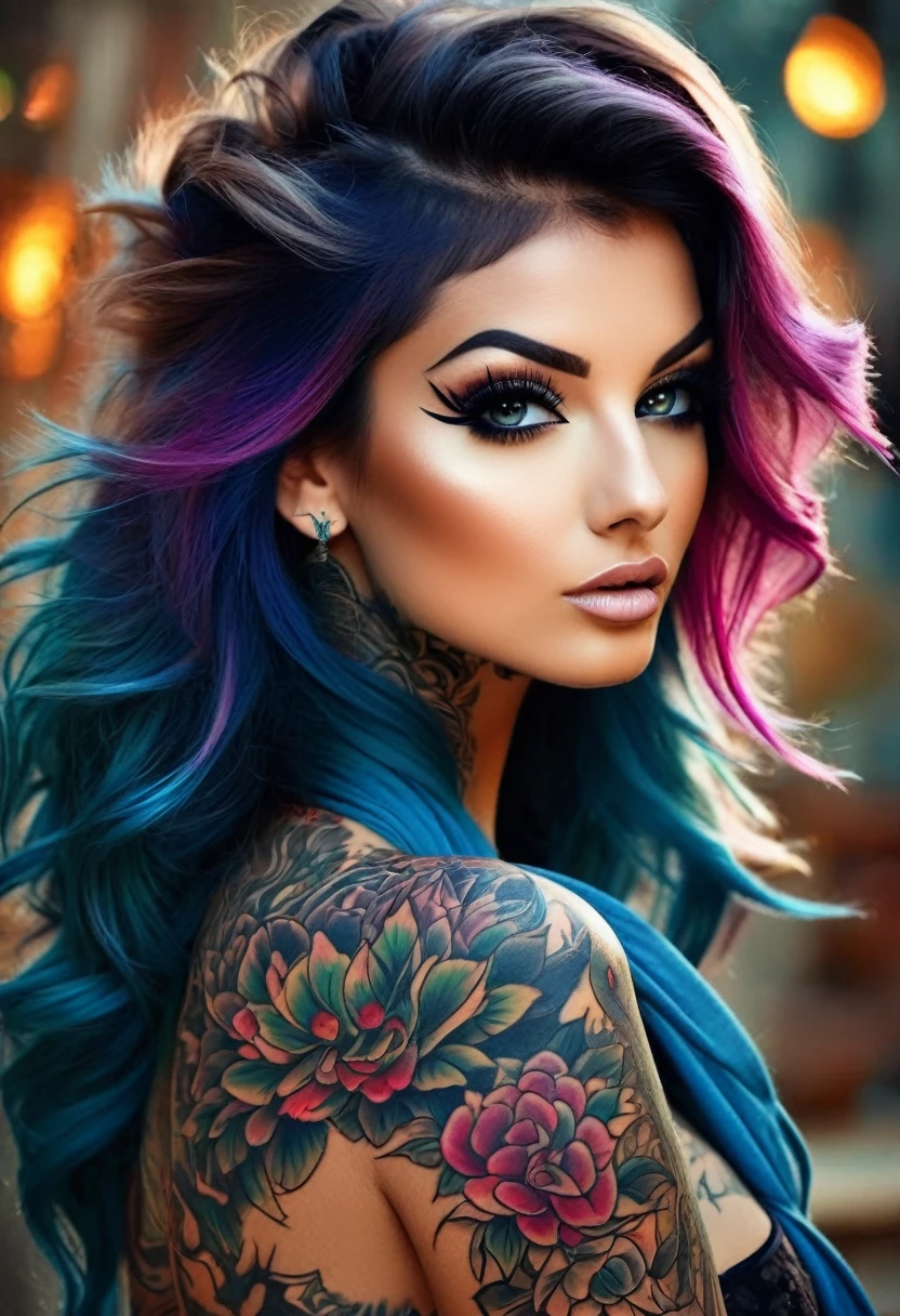 Create an image of a stunningly gorgeous beautiful perfect sexy tattooed girl,  gorgeous seductive perfect face, perfect makeup, 