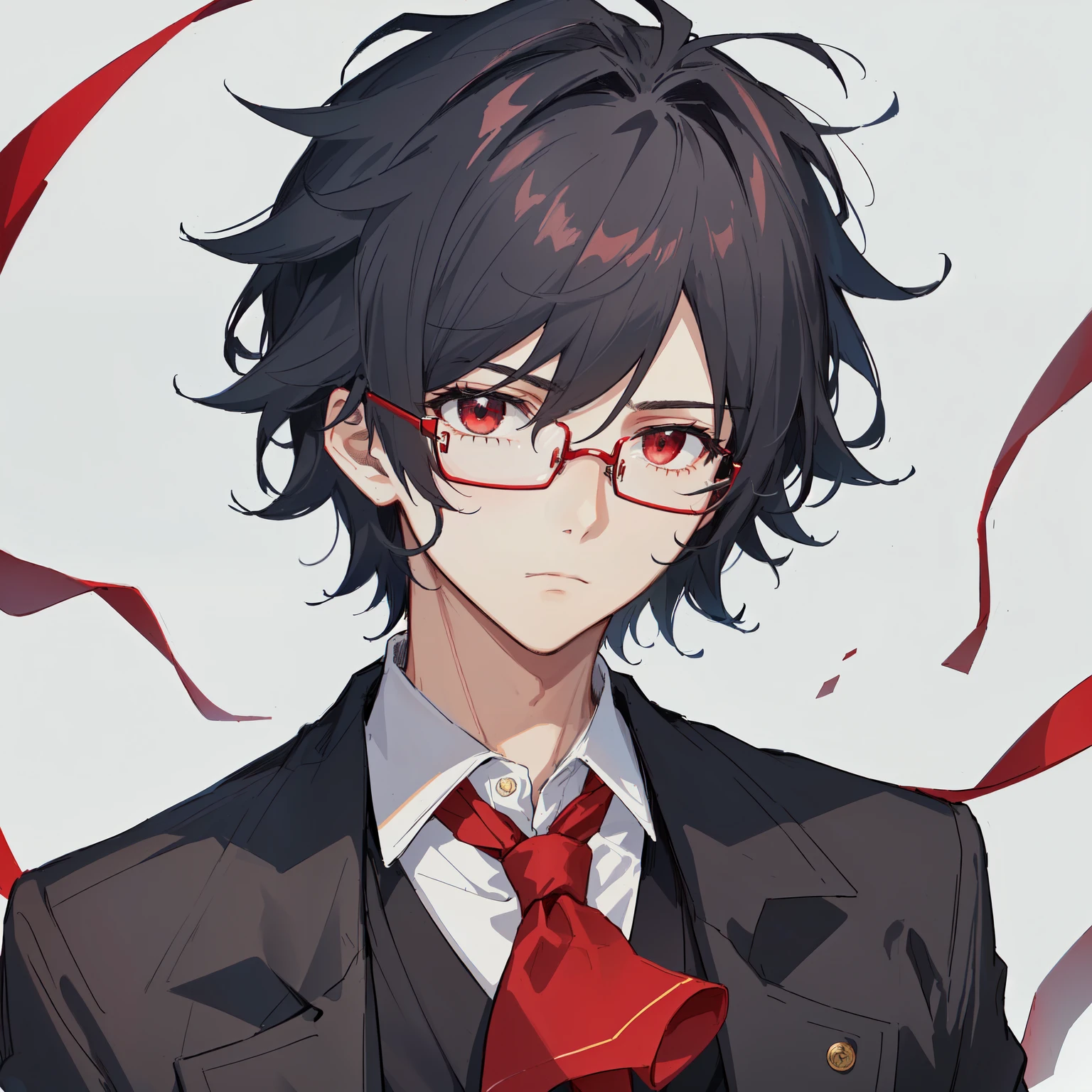 1boy, anime, unkempt_short_wavy_hair, black_hair, navy_blue_long_coat, red_waistcoat, black_ascot_tie, red_eyes, emotionless, white_background, black_glasses, looking_at_viewer