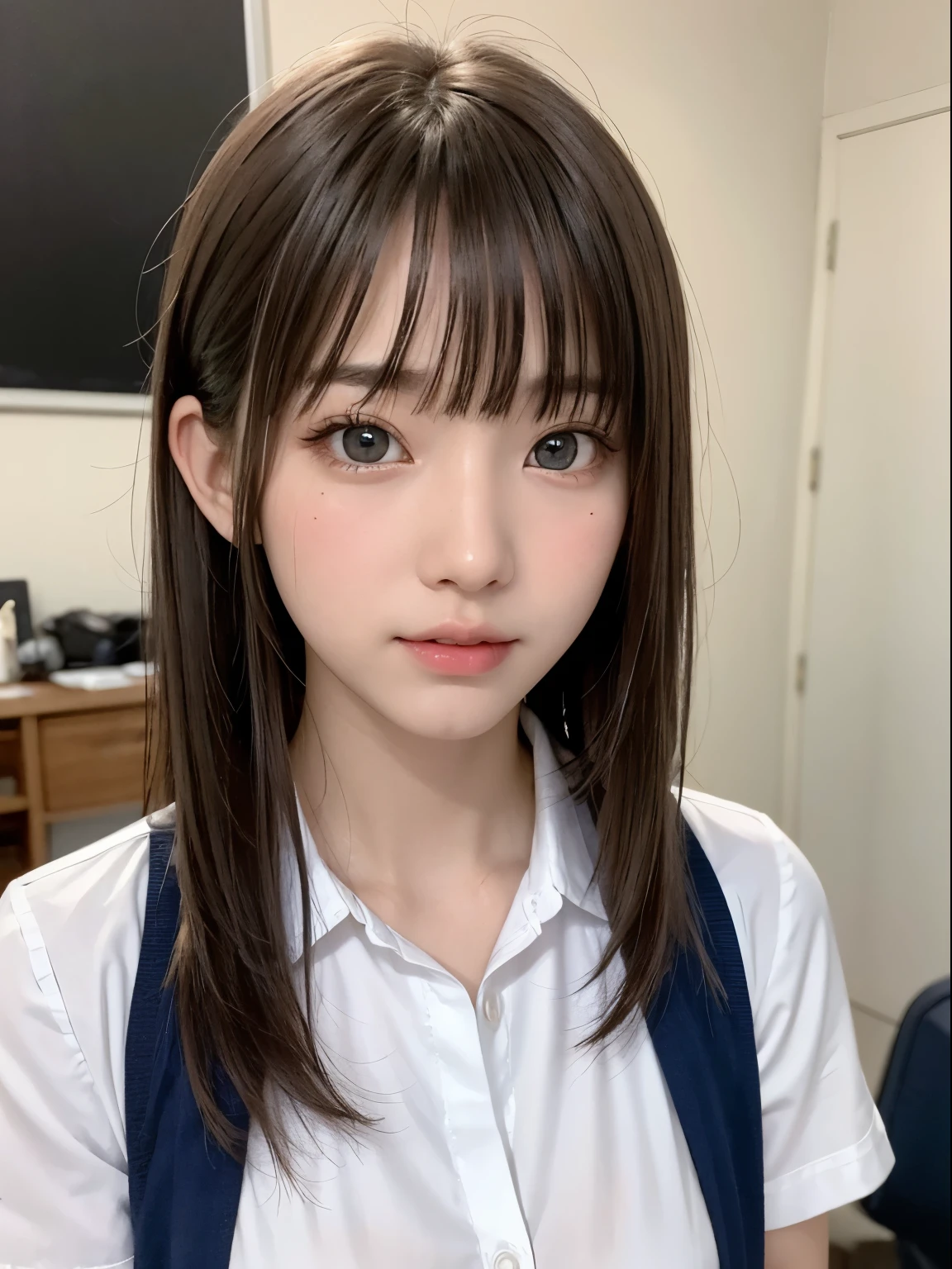 bright expression、photorealisim、top-quality、超A high resolution、a picture、Photos of the most beautiful Nordic girls、Detailed cute and beautiful face、a small face、(pureerosface_v1:0.008)、Beautiful bangs、alice in the wonderland、18year old、Glowing white shiny skin、Hair tangled in the face、Bangs that extend to the face、bangss、Hair between the eyes、Super long hair、Attractive brown silky hainer hair、Beautiful bright and clear light blue eyes with a charming sparkle、School Uniforms、student clothes、Korean Makeup、eye liner、Double eyelids、ample breasts、Dynamic Pose