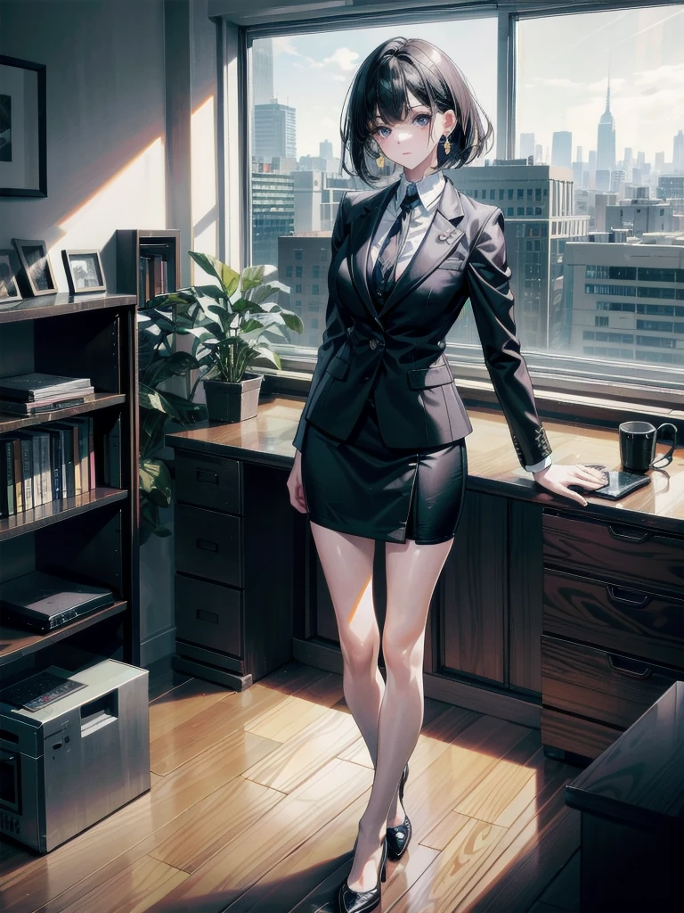 absurdres, RAW photo, extremely delicate, extremely beautiful, masterpiece, Best Quality, ultra high resolution, 32k, hyperrealistic, ultra-detailed description, perfect anatomy, pale skin, 20 years old, detailed beautiful face, detailed beautiful face eyes, tearful mole, earring, short medium hair, black hair, Colossal tits, full body, business suit, blazer, blouse, short skirt, a clean and modern office interior, a woman working at a desk, large windows overlooking a city skyline, warm lighting, minimalist furniture, potted plants, laptop, coffee mug, geometric abstract artwork on the walls, natural wood tones, clean lines,