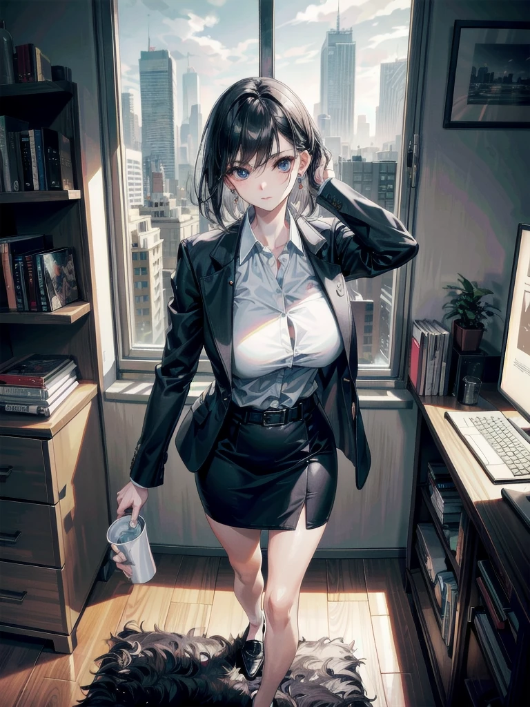 RAW photo, extremely delicate and beautiful, masterpiece, Best Quality, ultra high resolution, 16k, photorealistic, ultra detailed description, pale skin, in her 20s, whole body, big tits, medium hair, black hair, tearful mole, earring, business suit, pencil skirt, blazer, dress shirt, tie,