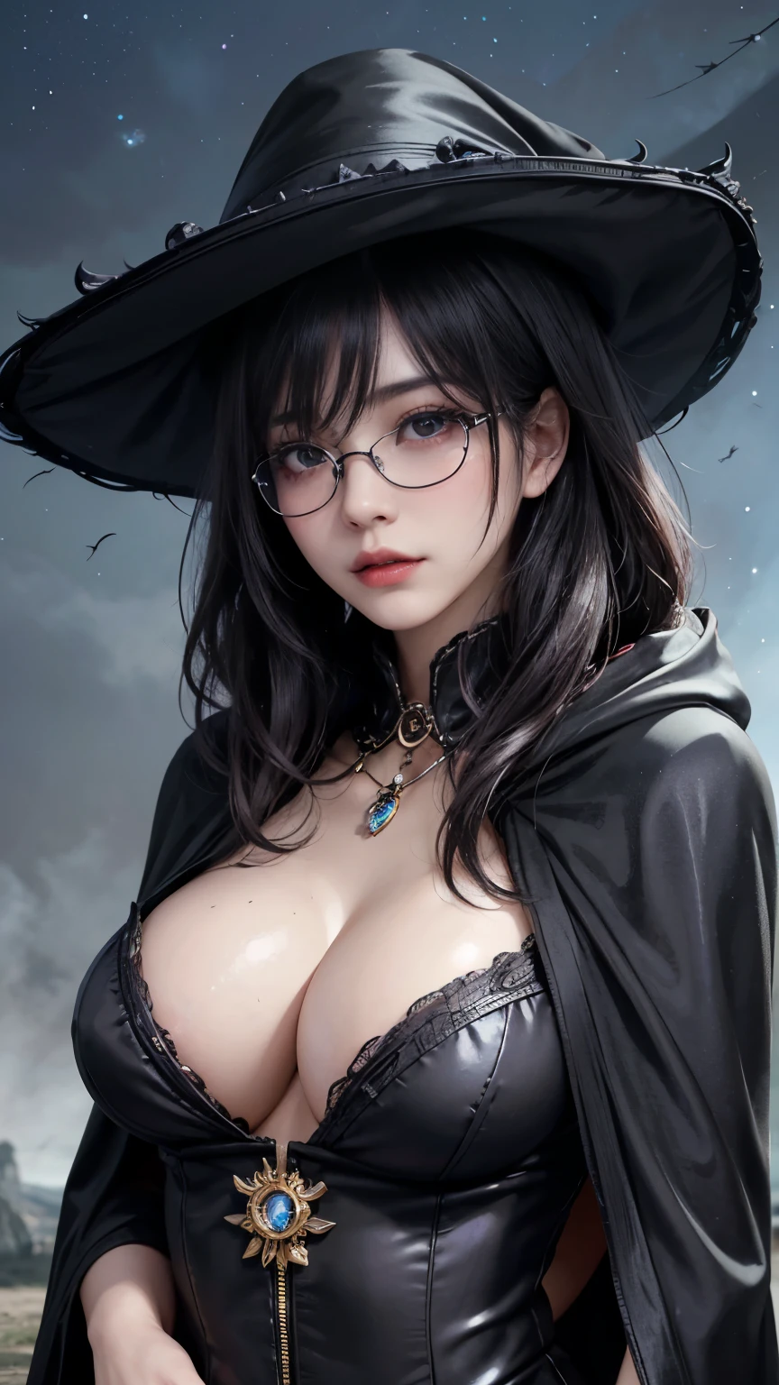 (Fatal Beauty,A charming villain,witch) ,(A supple and powerful physique),(Sensual charm),(Mysterious charm:1.1),(Captivating silhouette),((((Glasses))))、((((big sapphire necklace))))、(highest quality,High resolution:1.2),(dark,Threatening:1.1),((dark horror theme:1.5),(Thriller:1.5)),(Dark fantasy:1.5),  (((Countless stars fly away:1.5),(Absurd:1.5),(wonderful:1.5))),Woman in a dress, (Powerful numbers:1.1),(((Big Breasts))),(((Muscular:1.1))), cute face, Sexy Face, cute、Realistic、(Front view:1.4),(Face Focus:1.3), realistic girl rendering, 8k artistic german bokeh, Enchanting girl, Real Girls, Gurwitz, Gurwitz-style artwork, Girl Roleplay, Realistic 3D style, cgstation Popular Topics, 8K Portrait Rendering,(truth，truth：1.4),Sexy Body,( Very lean body:1.6),Sexy pose, blush, Attractive body, Very curly hair, Purple Curly Hair, very big hair, Very curly hair, prime color,Urban,Very detailed,masterpiece,Intricate details,Faded,Very detailed, Eye for details,Intricate details,暗くてSpooky atmosphere,  Spiritual Beings, Unforgettably beautiful, Ghostly figures, Shadow-like shape, Spooky whispers, Ominous Aura, Goth Maiden,  Like dazzling fur in a starless haze,Her Mogul Snaps, Mysterious Cemetery,Black hair swaying in the moonlight, She summons darkness, (beautiful: 1.7), (Black Hat: 1.6), (An intricately decorated jet-black cloak: 1.6), (Delicately decorated cloak, Despite the damage: 1.5), Hypermaximalist,  Breathtaking oil paintings, Surreal, Ultra-realistic digital illustrations that mimic the style of oil paintings, wonderful構成,  (Shining Eyes:1.6)、(Glowing Eyes:1.1),(hellish landscape:1.1),(fire,sulfur:1.1),(Threatening atmosphere:1.1),(dark shadows,Threatening presence:1.1),(Unlucky Clouds,Stormy Skies:1.1),(dark,Spooky atmosphere:1.1),(Aura of misfortune,Evil energy:1.1),(dark aura,cigarette:1.1),(Extreme heat,Burning Flames:1.1),(Nightmare Visions:1.1),(Predicting the end:1.1),(Whispers of misfortune,Devilish Laugh:1.1),(Cry of pain,echoing screams:1.1),(Bad luck symbol,Ancient runes:1.1),(Mysterious relic,dark art ifacts:1.1),(Infernal ritual,ritual sacrifice:1.1),(Eternal ruin,A hopeless existence:1.1),  Inspired by abandoned mech backgrounds. Art created by Craig Mullins, Necrostyle., Detailed Description, Futuristic sci-fi scene. Focus on SFCon