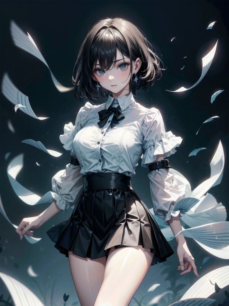 absurdres, RAW photo, extremely delicate, extremely beautiful, masterpiece, Best Quality, ultra high resolution, 32k, hyperrealistic, ultra-detailed description, perfect anatomy, pale skin, 20 years old, detailed beautiful face, detailed beautiful face eyes, tearful mole, earring, short medium hair, black hair, Colossal tits, full body, blouse, short skirt,