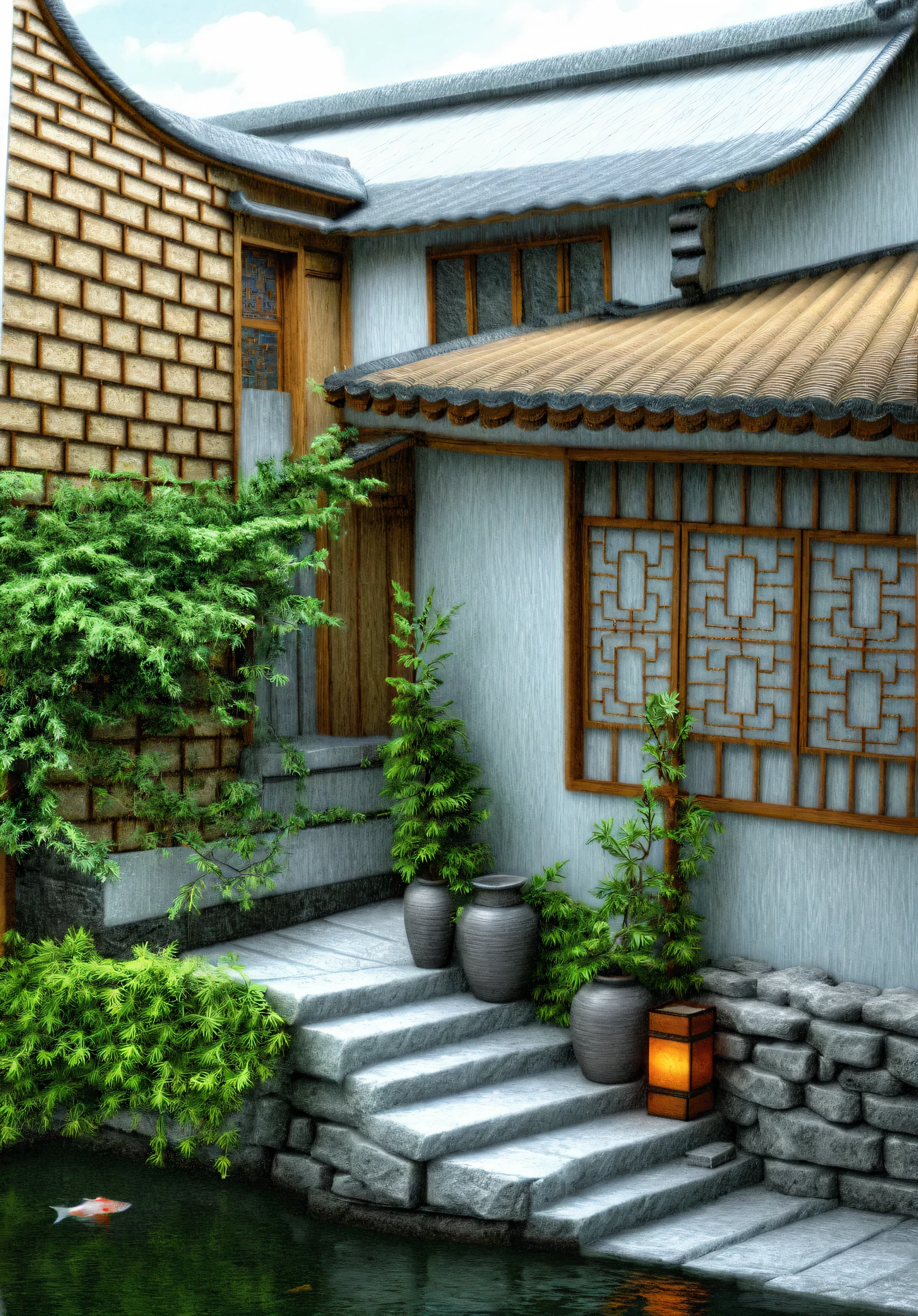 The garden and wall are planted with pine trees, pine trees, peach trees, and apricot trees. There are many types of shrubs to choose from for inclusion in Japanese garden design such as sycamore, laurel, apricot, sanh, and sapphire. Domestic plants are mainly lotus and aquatic plants such as water bamboo and betel nut. Artistic penjing trees are also integrated into rockeries and rugged rocks like cliffs, white concrete fence, A pond surrounded by a Japanese garden with shrubs, rocks, and trees and a fish tank in the garden, (architectural design visualization), (neutral natural lighting), (reflection), (focus on object), (material normal bump real reflection), (scattered light), (light ray), (multi-beam light), (sunbeam) (multi-level reflection), (chao vantage software visualization render),(((Best Quality))), ((Masterpiece)), ((best illustration)), ((best shadows)), ((Super Detail)), (Intricate lines), (Photorealism),(hyper detail), ((archdaily)), ((award winning design)), (dynamic light), spotlight, (perfect light), (shimering light), ((photorealistic)), ((intricate detail)), ((extreme detail)), ((crazy detail)), ((octane render)), ((trending on artstation)), ((High-fidelity)), ((Viwvid)), ((Crisp)), ((Bright)), ((Stunning)), ((Eye-catching)), ((High-quality)),((Sharp))((Bright)), ((Stunning)), ((Eye-catching)), ((Illuminating)), ((Flawless)), ((High-quality)),((Sharp edge render)), ((medium soft lighting)), ((photographic render)), ((detailed archviz)), ((reality environment))