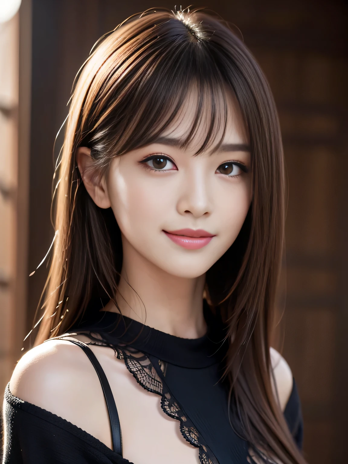 masterpiece, best quality, ultra-detailed, intricately detailed hyperdetailed, realistic, sharp features, highly detailed, sharp focus, (20 years old:1.3), perfect face, perfect symmetrically eyes, perfect full lips, hyper detailed, hyper realistic, high resolution, vibrant, dynamic studio lighting, Sexy face, Facial expressions when receiving pleasure, Brown Hair, Shoulder Length Layered, asymmetrical bangs, brown Eyes, (Impish Smile:1.2), cowboy shot, black knit, Japanese idol,