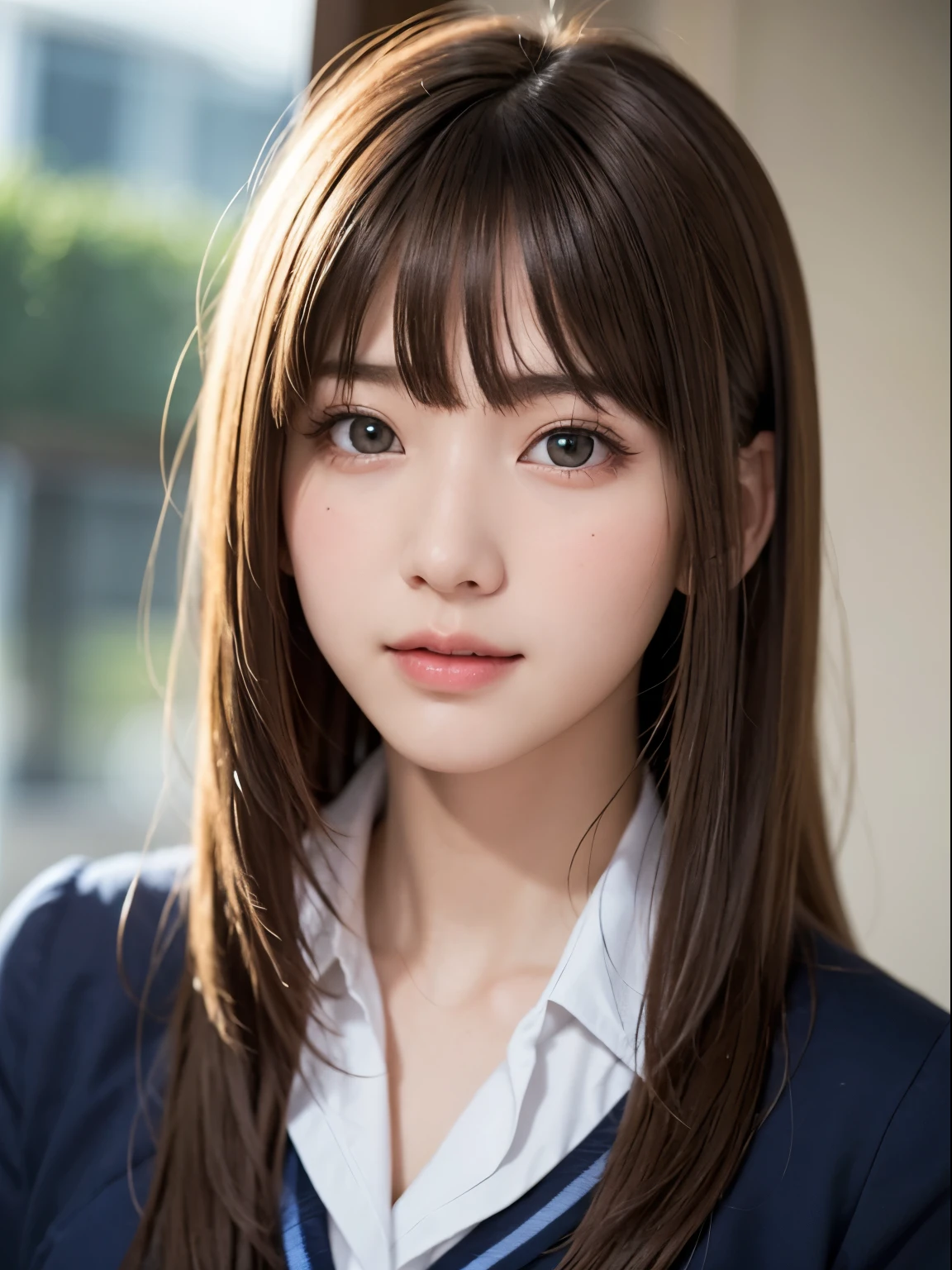 bright expression、photorealisim、top-quality、超A high resolution、a picture、Photos of the most beautiful Nordic girls、Detailed cute and beautiful face、a small face、(pureerosface_v1:0.008)、Beautiful bangs、alice in the wonderland、18year old、Glowing white shiny skin、Hair tangled in the face、Bangs that extend to the face、bangss、Hair between the eyes、Super long hair、Attractive brown silky hainer hair、Beautiful bright and clear light blue eyes with a charming sparkle、School Uniforms、student clothes、Korean Makeup、eye liner、Double eyelids、ample 、Dynamic Pose
