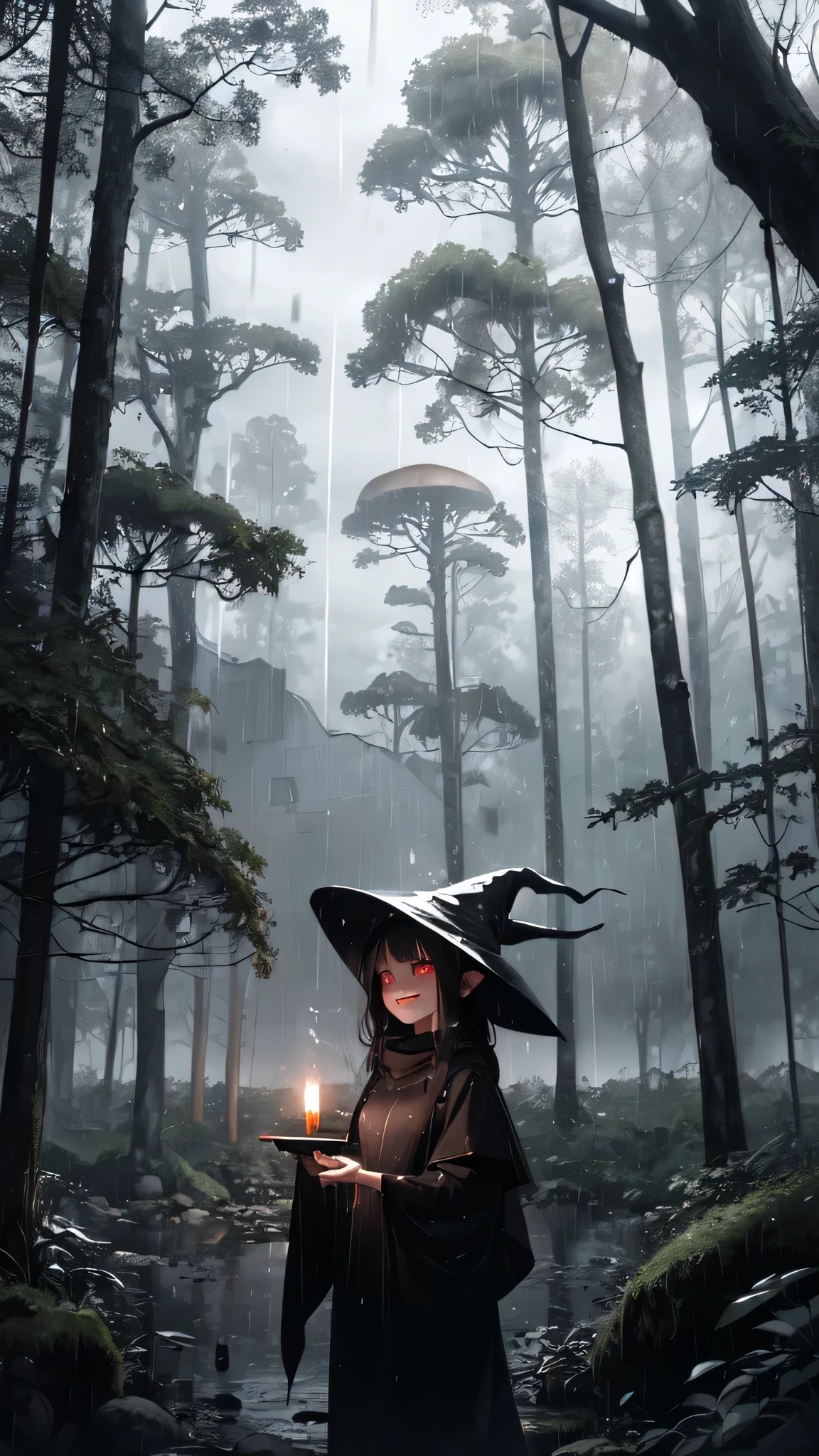 ((masterpiece)),((best quality)),((high detial)),((realistic,)),color, magnificent view,
(heavy rain:1.3), cloudy sky, small hut in forest, night, huge tree, Mushroom Fairy Tale on trees, ((enchanting forest)),(light particlelying mothugs), ((dark sky)), grin evil smile witch girl, ghost girl, red dot eyes