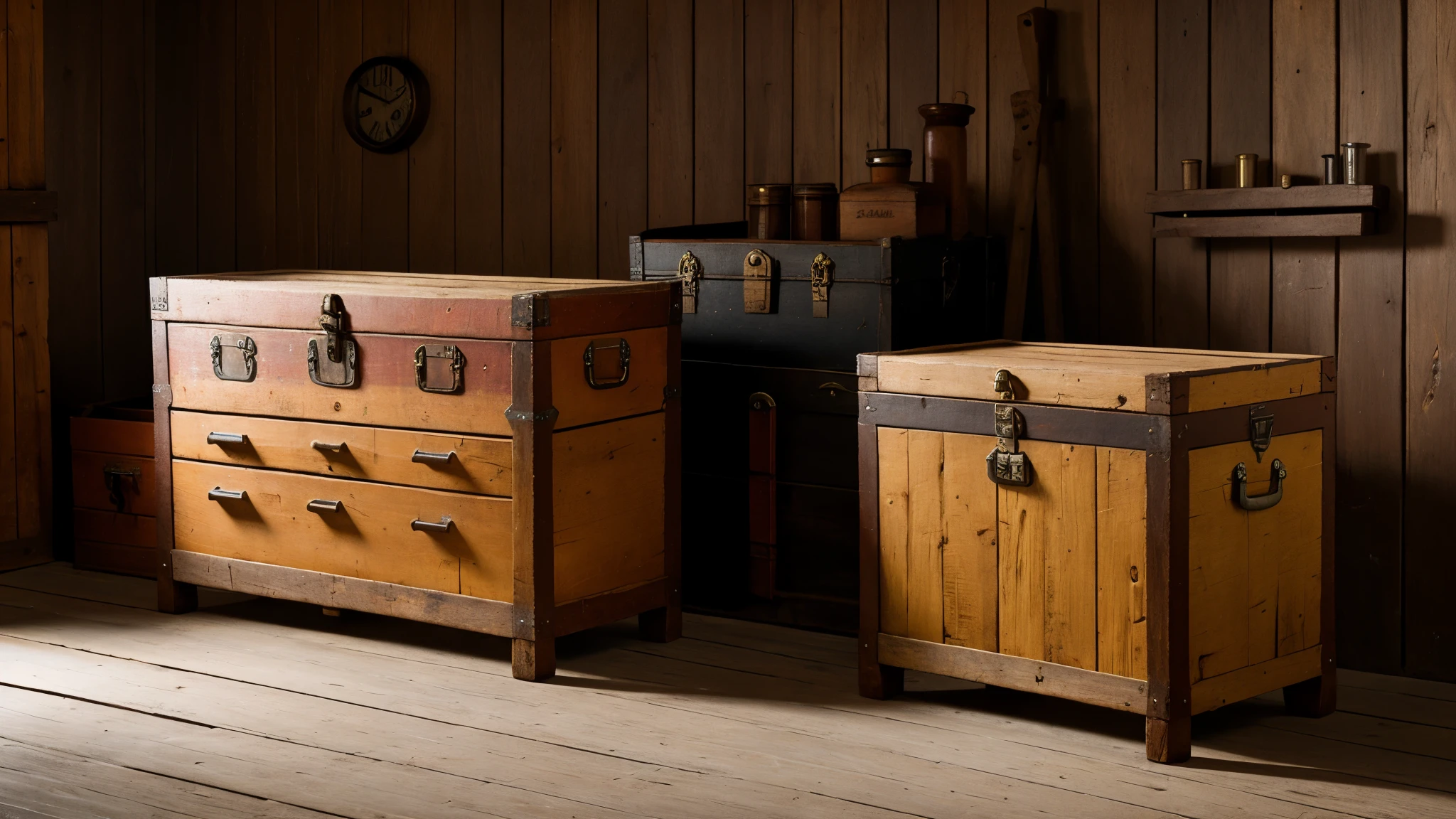 An old wooden toolbox with tools sticking out, atmosphère vintage, hyper realism, structures complexes, Precise details, volumetric light