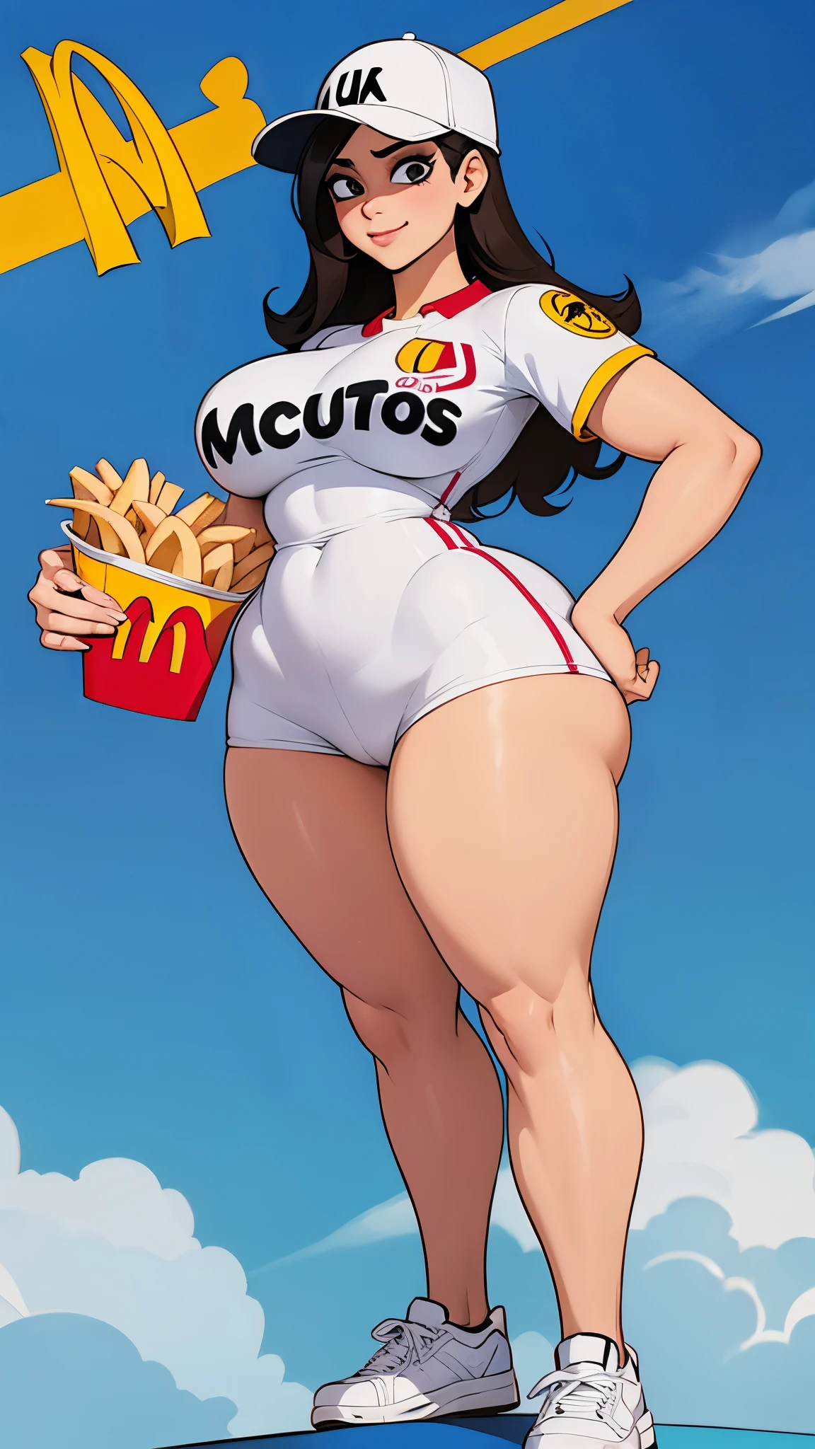 Mujer trabajadora de mcdonald's, gorra de mcdonald's, uniforme de leotardo, calcetas altas hasta los muslos, curvy