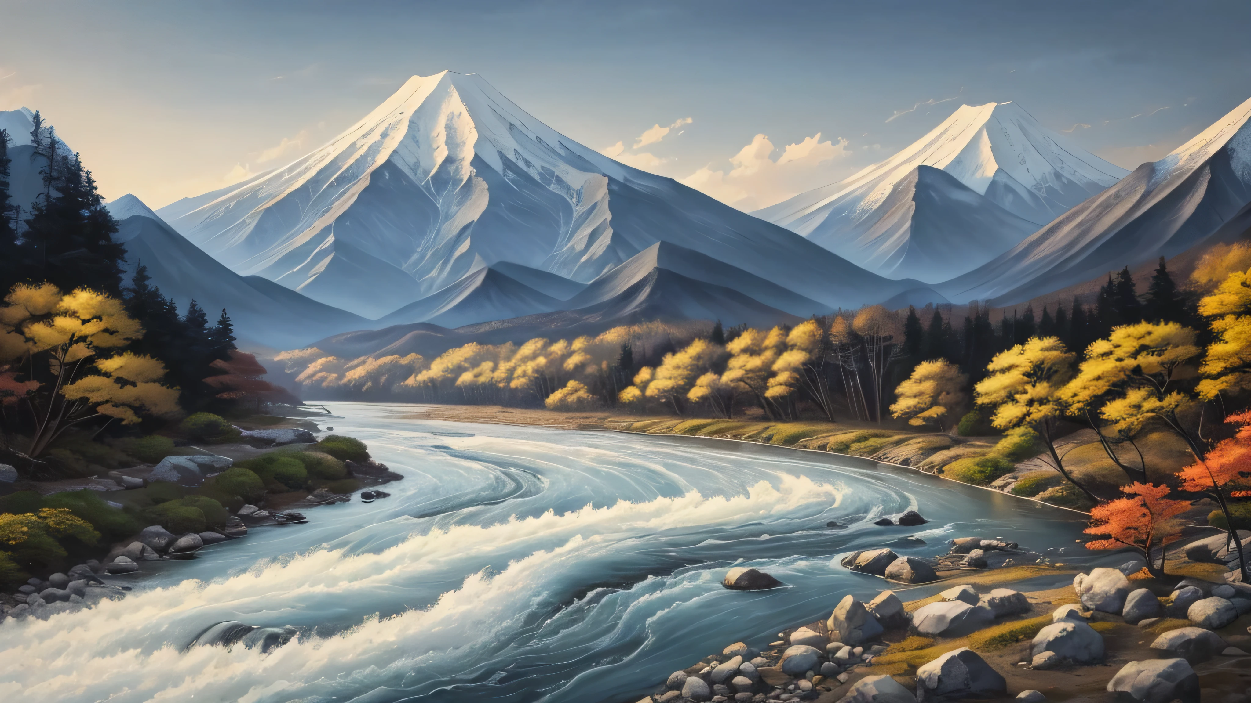 Painting of Japanese mountains and rivers, large size, gray and white color tones. 