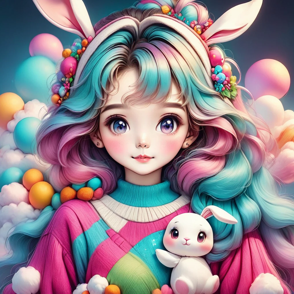 (cuerpo completo:1.3, plano general:1.3),una mujer vestida con un disfraz de conejo esponjoso con grandes orejas de conejo, tiro de cuerpo completo, gran angular, cute and childlike expression, retrato profesional, 8K hiper detallado, high resolution, rasgos faciales detallados, ropa detallada, soft lighting, caprichoso, Fancy, colores pasteles, adorable, 8k,HD.