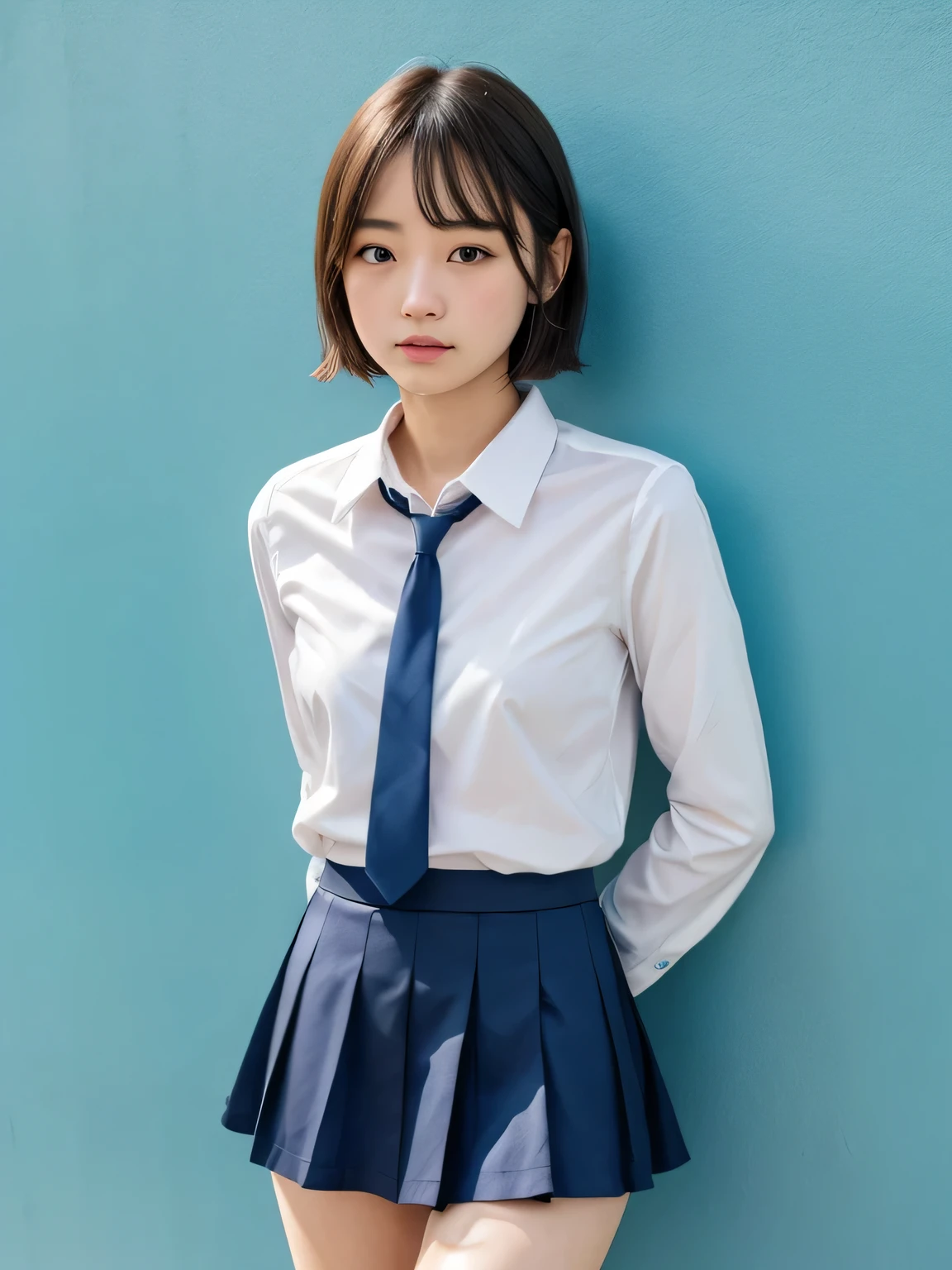 (masterpiece:1.3)、8k,Very fine finish、(High resolution、8k:1.3)、highest quality、Beautiful Hands、Beautiful Hands指、(Ultra-realistic as a photo:1.3), Ultra High Resolution Face、The face is in focus、Ultra high definition and beautiful eyes、(Concentrated eyes:1.3)、(Eyes are symmetrical:1.3)、High quality and beautiful skin、Firm Skin、Natural Makeup、Gloss lips, Ultra HD Hair Texture、Japanese women、high school girl、17 years old、(High School Uniform:1.3), very cute, Very short hair:1.2, Mid-chest, (Flip up the skirt、Small panties are visible from the skirt:1.1), Pink wall、 (Very embarrassed:1.3), (blush:1.3), (View Viewer:1.2)